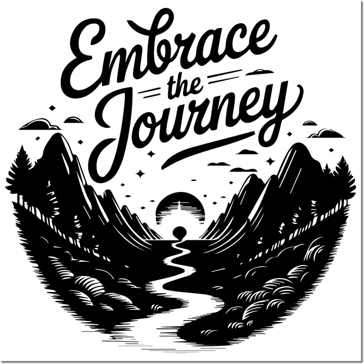 Embrace the Journey mountain adventure rubber stamp design with scenic peaks, river, and inspirational quote.