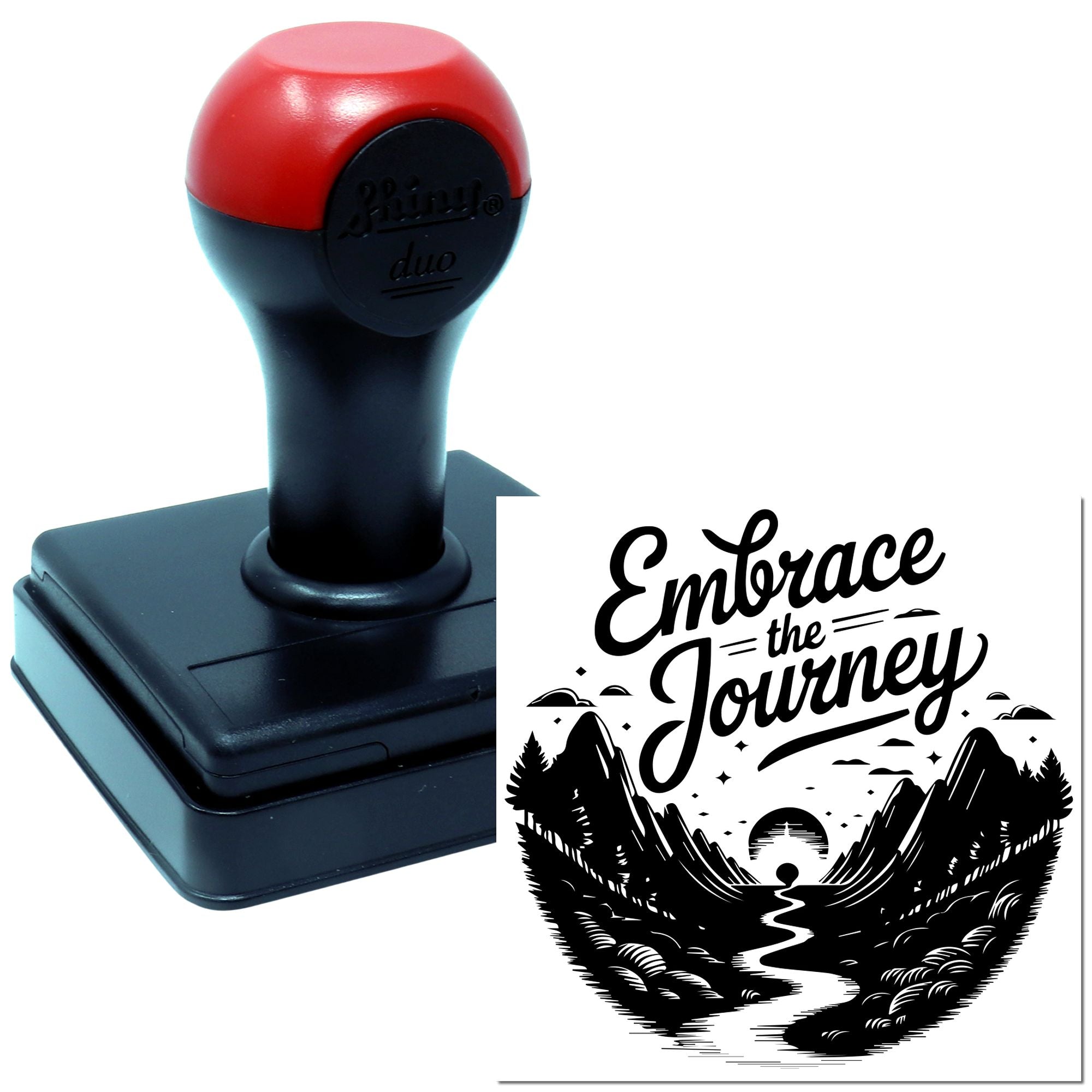 Custom self-inking rubber stamp with Embrace the Journey mountain design for inspirational branding and packaging