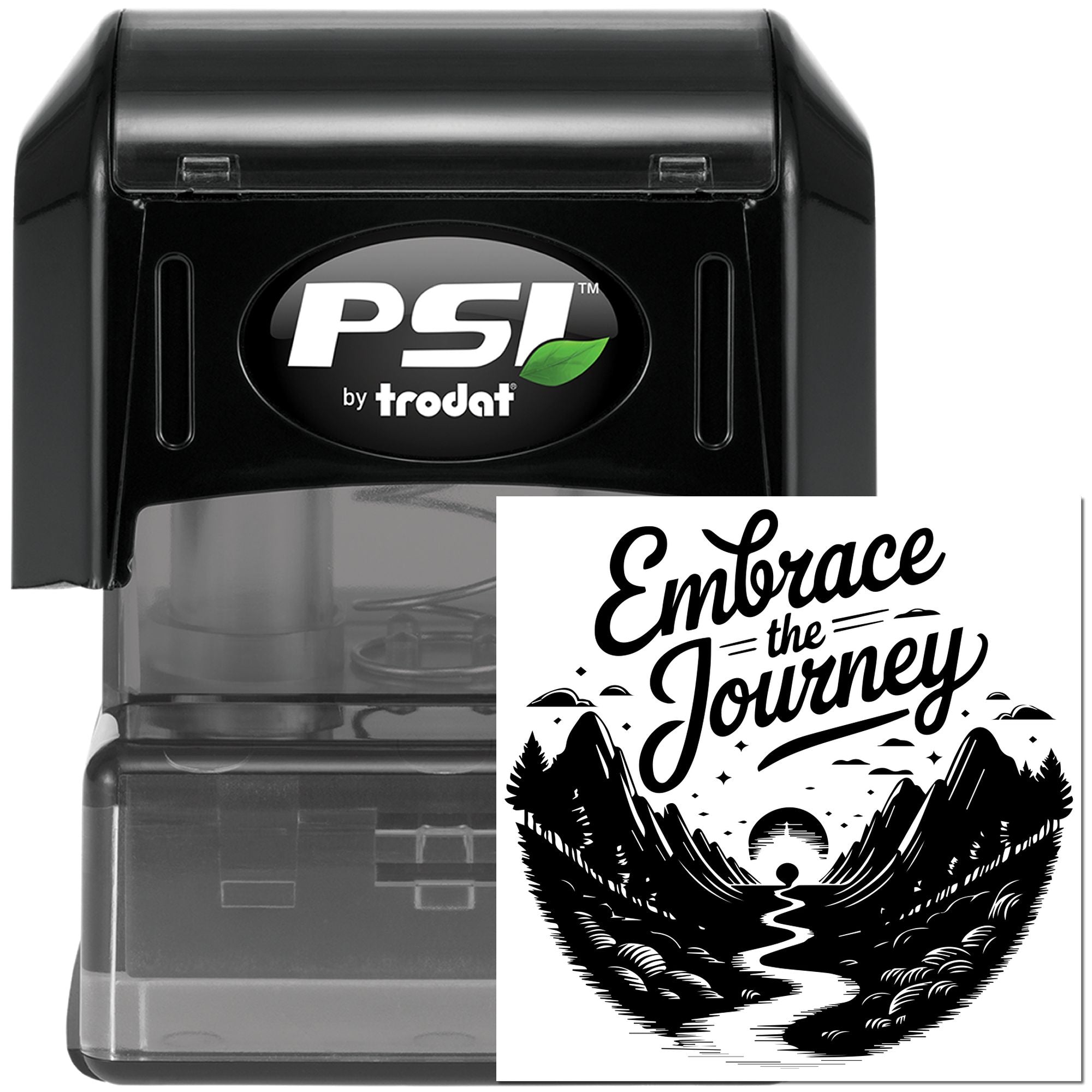 PSI by Trodat self-inking rubber stamp with Embrace the Journey mountain design for custom inspirational impressions.