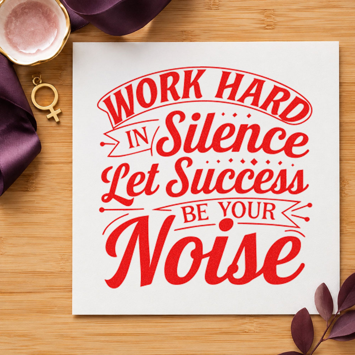 Work Hard In Silence rubber stamp shown in red ink, stamped for projects such as drawer part labels.