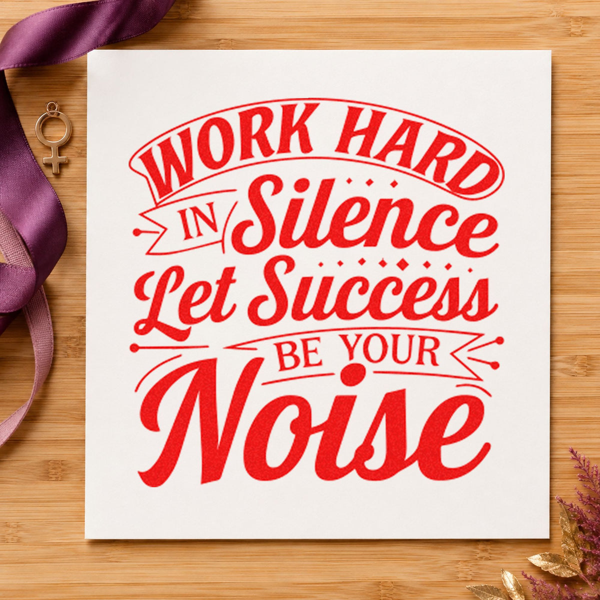 Work Hard In Silence craft stamp imprint in red ink on a handmade project, one idea being service note cards.