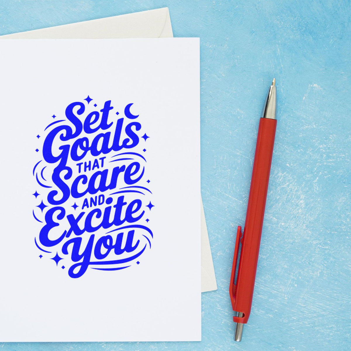 Motivational rubber stamp design with quote Set Goals That Scare and Excite You for planners, journaling, and scrapbooking.