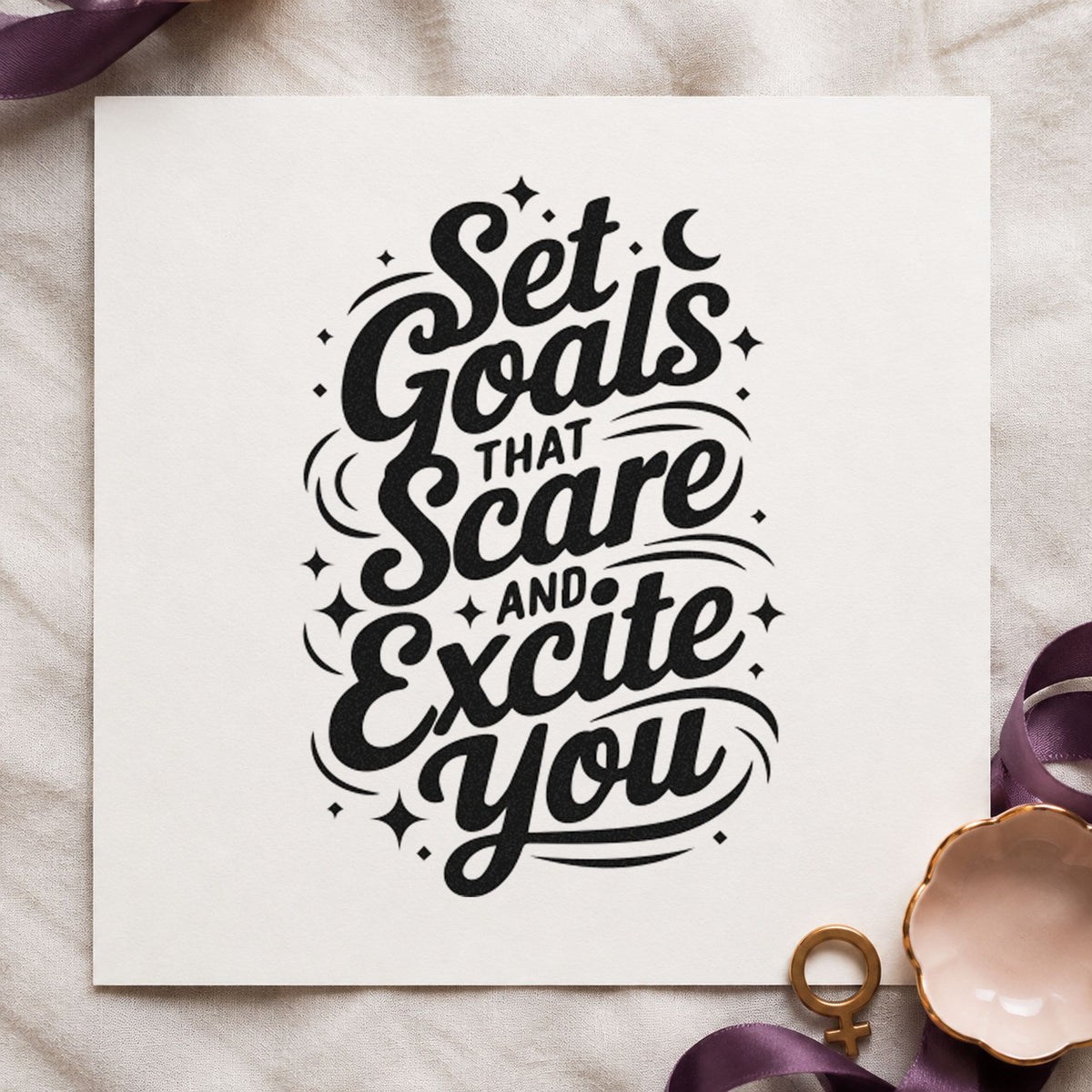 Set Goals That Excite rubber stamp printed in black ink, ready for swirl sparkle cards and similar paper crafts.