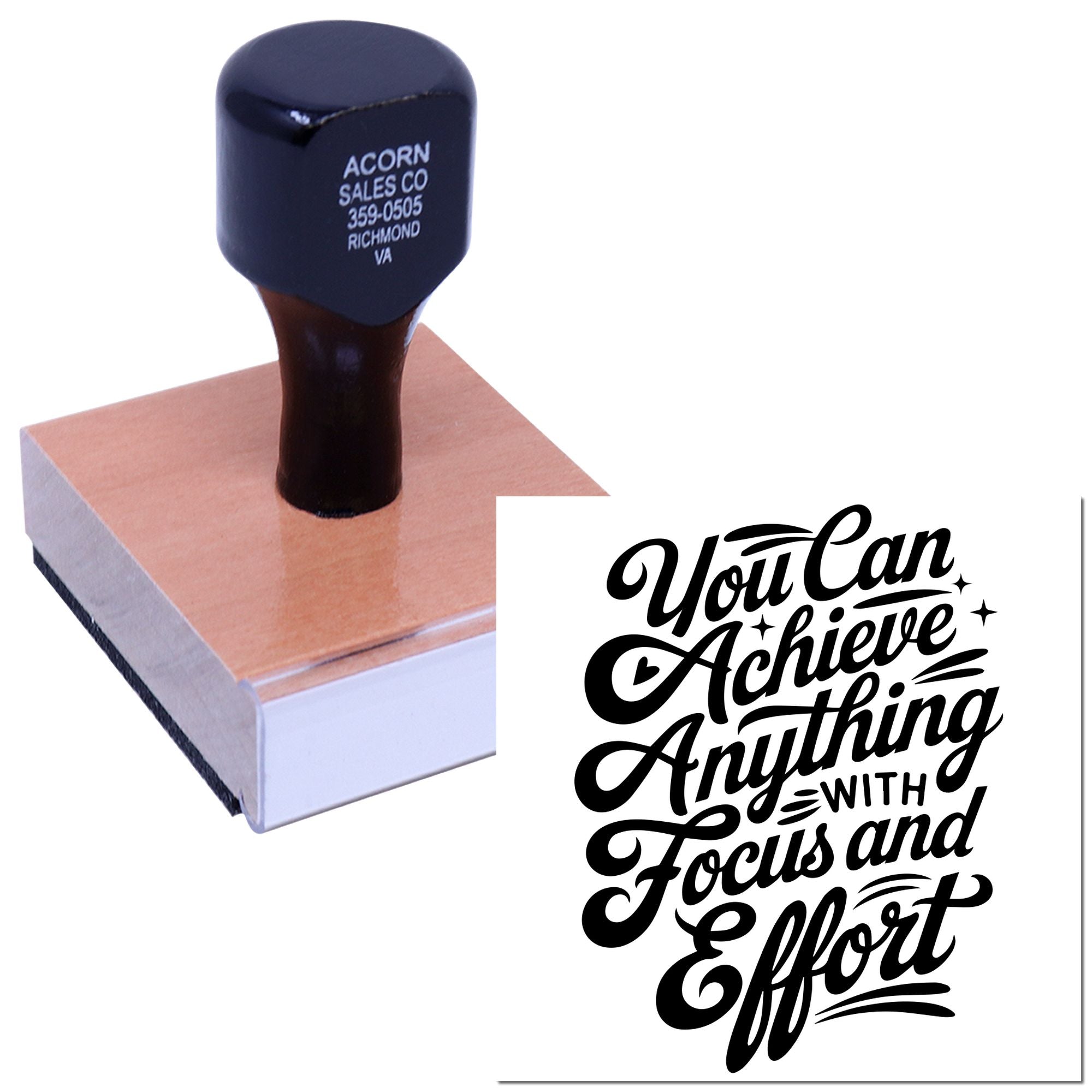 Custom rubber stamp with motivational quote, You Can Achieve Anything with Focus and Effort, for business branding or inspiration.