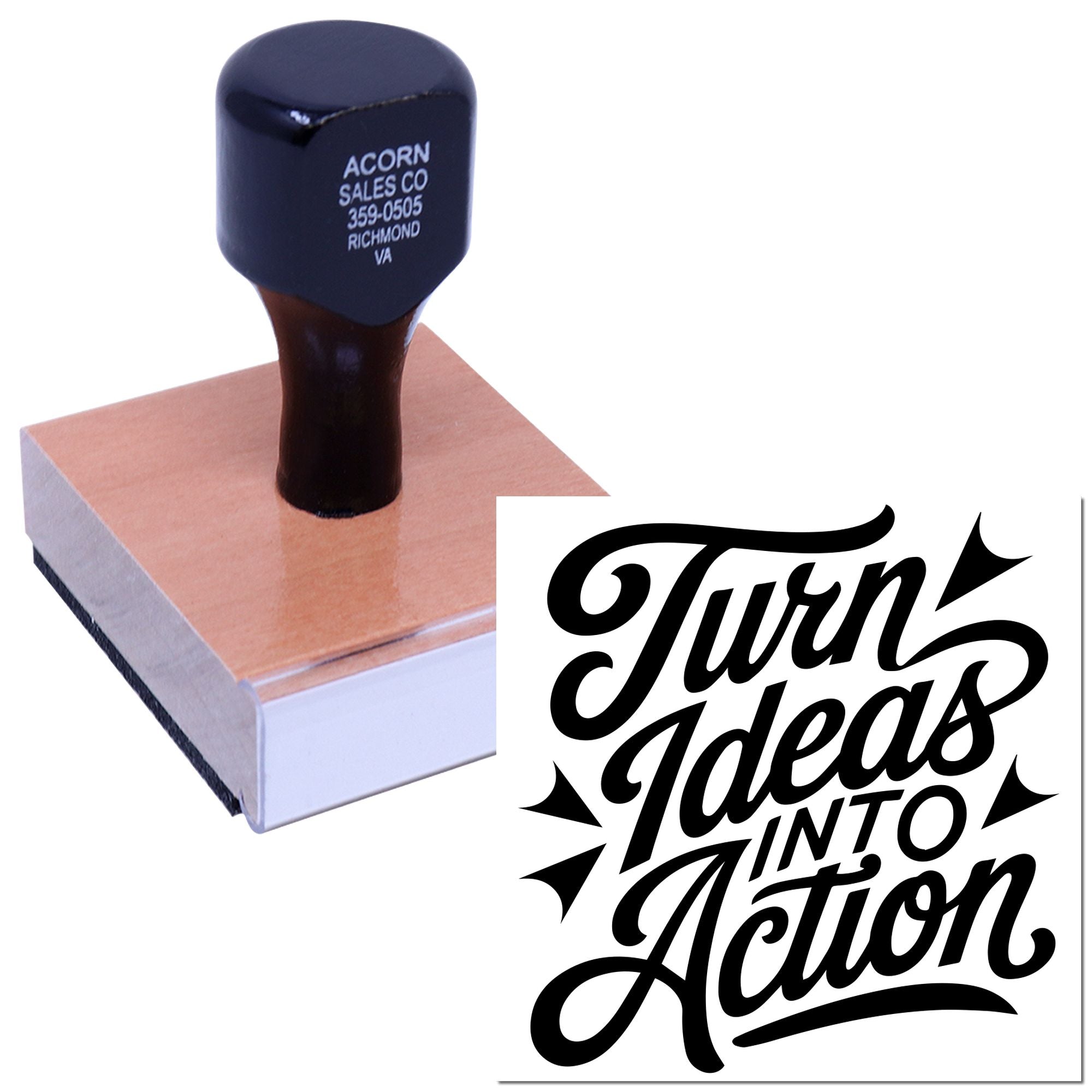 Custom rubber stamp with Turn Ideas Into Action logo for branded business use and promotional stamping.