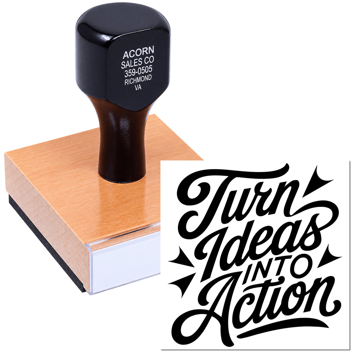 Custom rubber stamp with Turn Ideas Into Action logo for branded business use and promotional stamping.