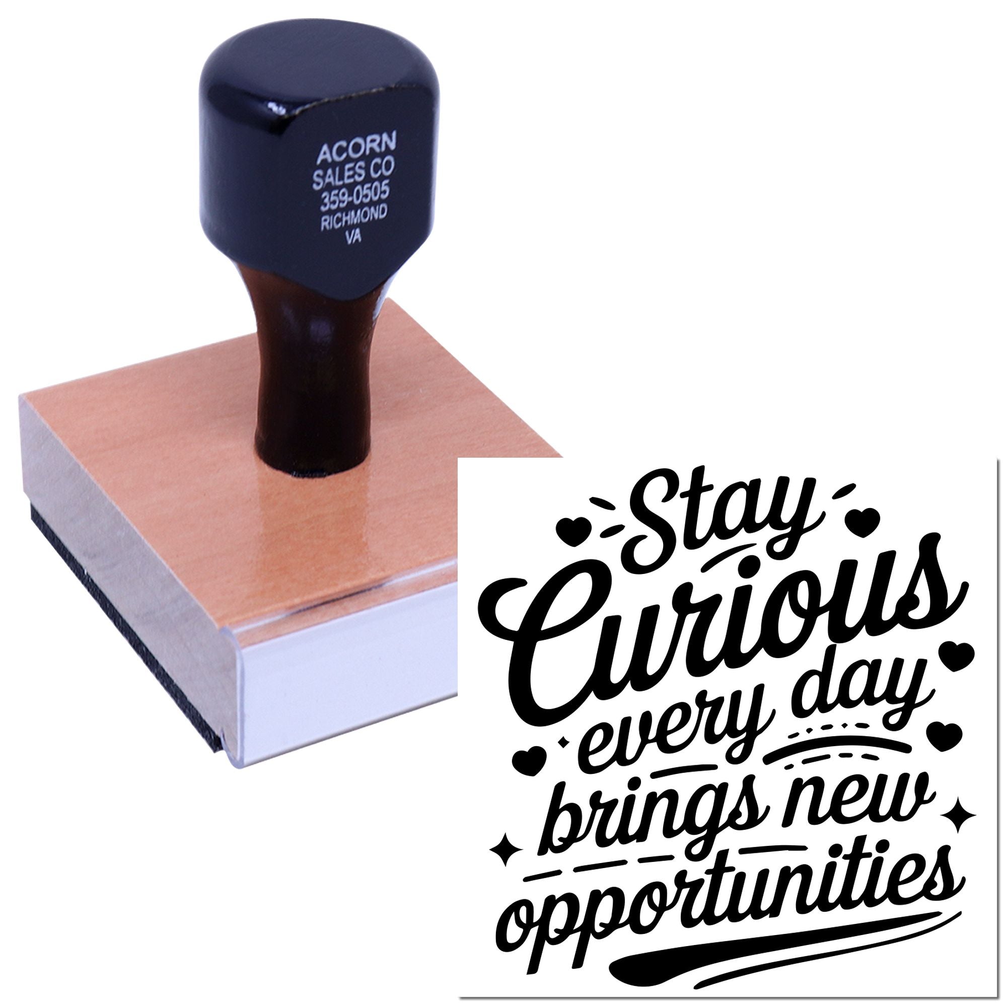 Custom rubber stamp with Stay Curious, every day brings new opportunities for crafting and stationery branding.