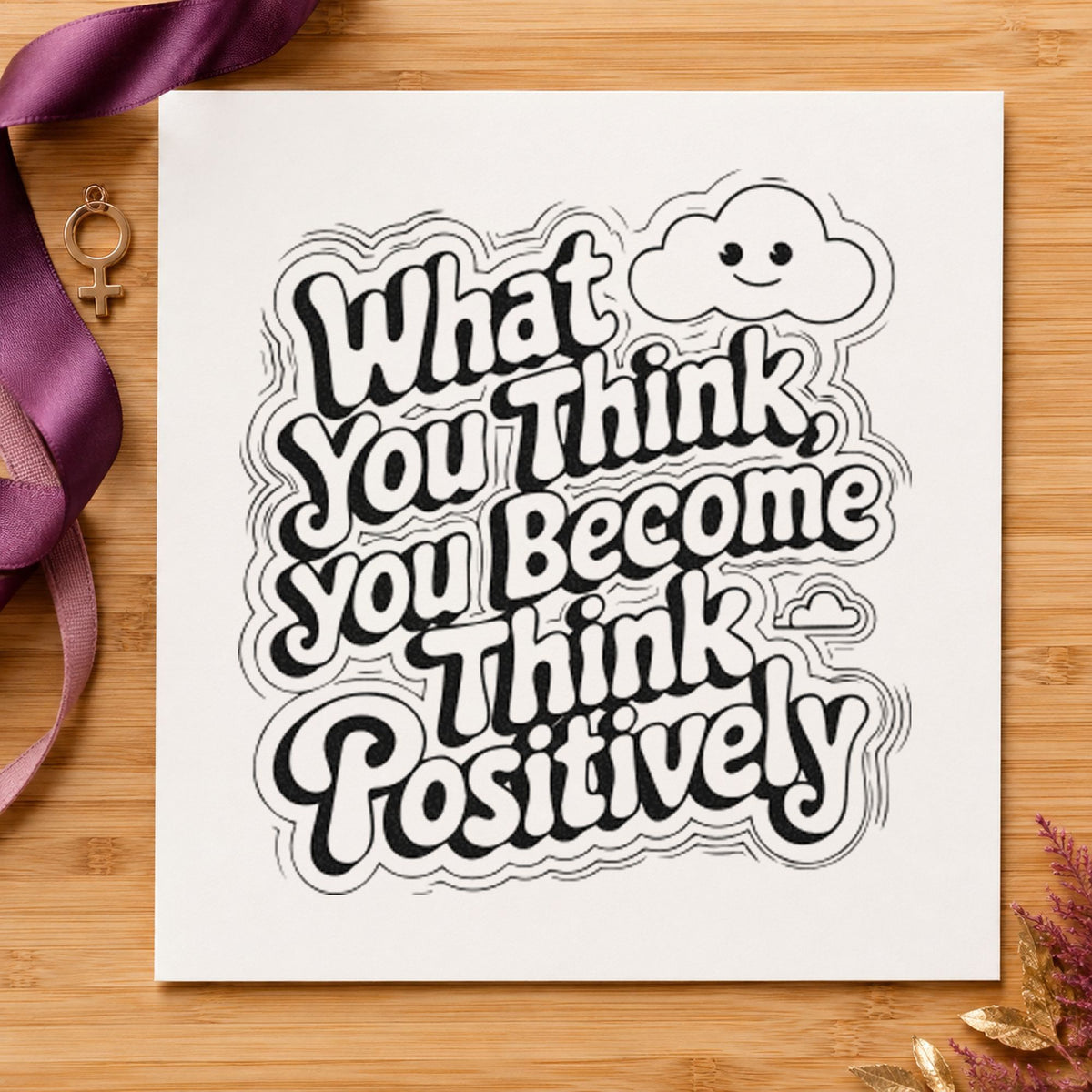 Think Positive Smiling Cloud rubber stamp printed in black ink, ready for rota reader sheet and similar paper crafts.