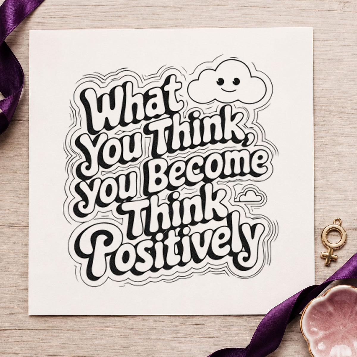 Think Positive Smiling Cloud rubber stamp printed in black ink, ready for smiling cloud cards and similar paper crafts.