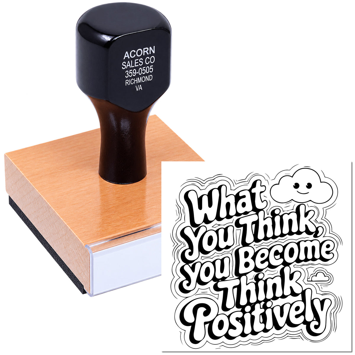 Custom rubber stamp with motivational quote design reading What You Think You Become Positively for business or craft use