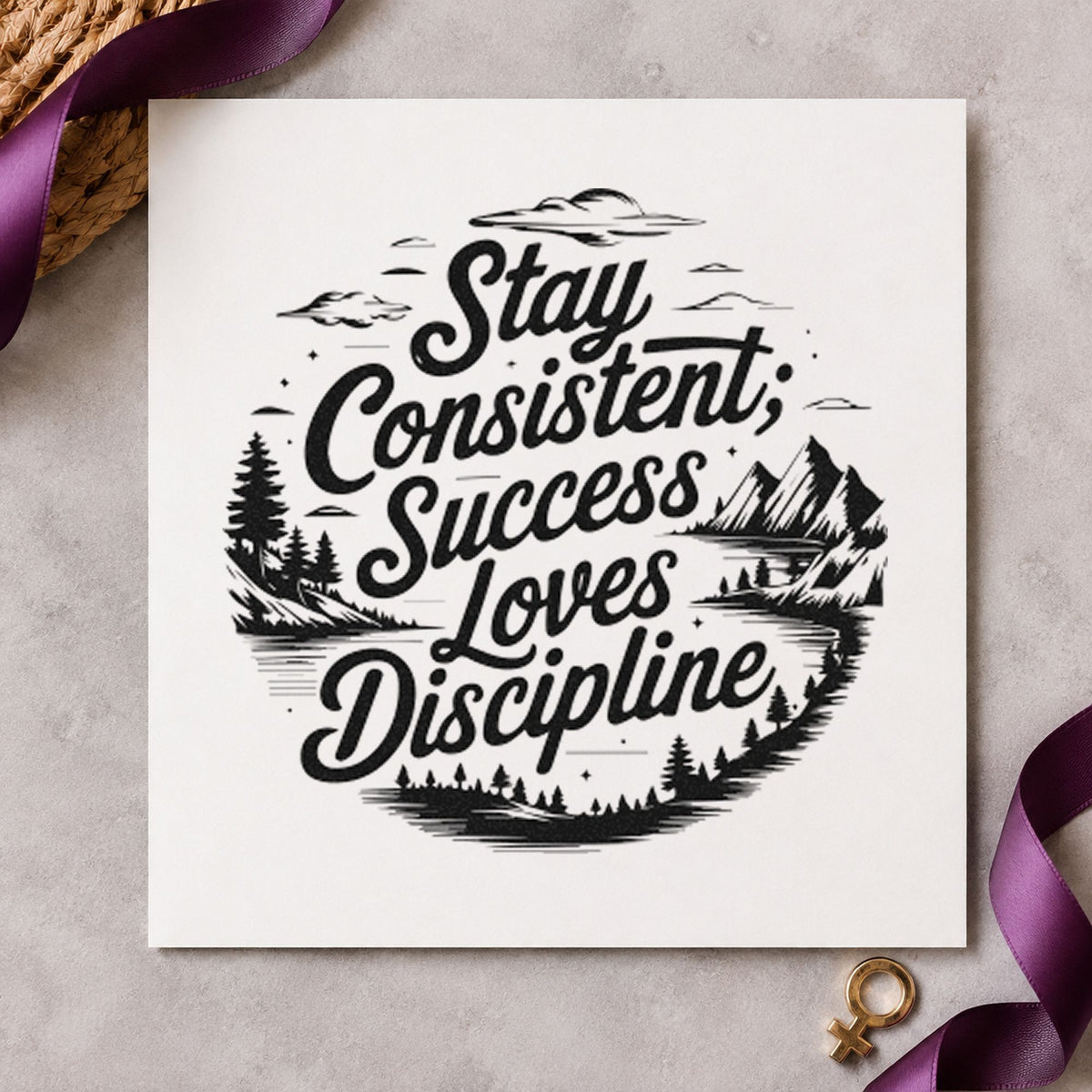 Consistent Success Loves Discipline craft stamp in black ink on cardstock, an easy option for slope season album page.
