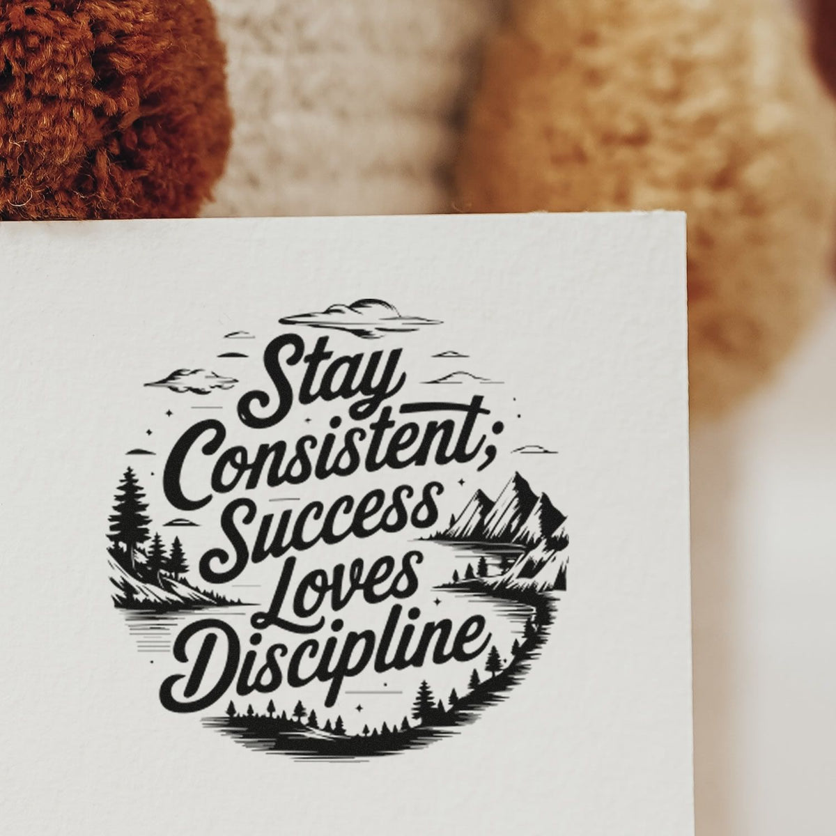 Motivational rubber stamp design with quote Stay Consistent, Success Loves Discipline framed by mountains and pine trees.