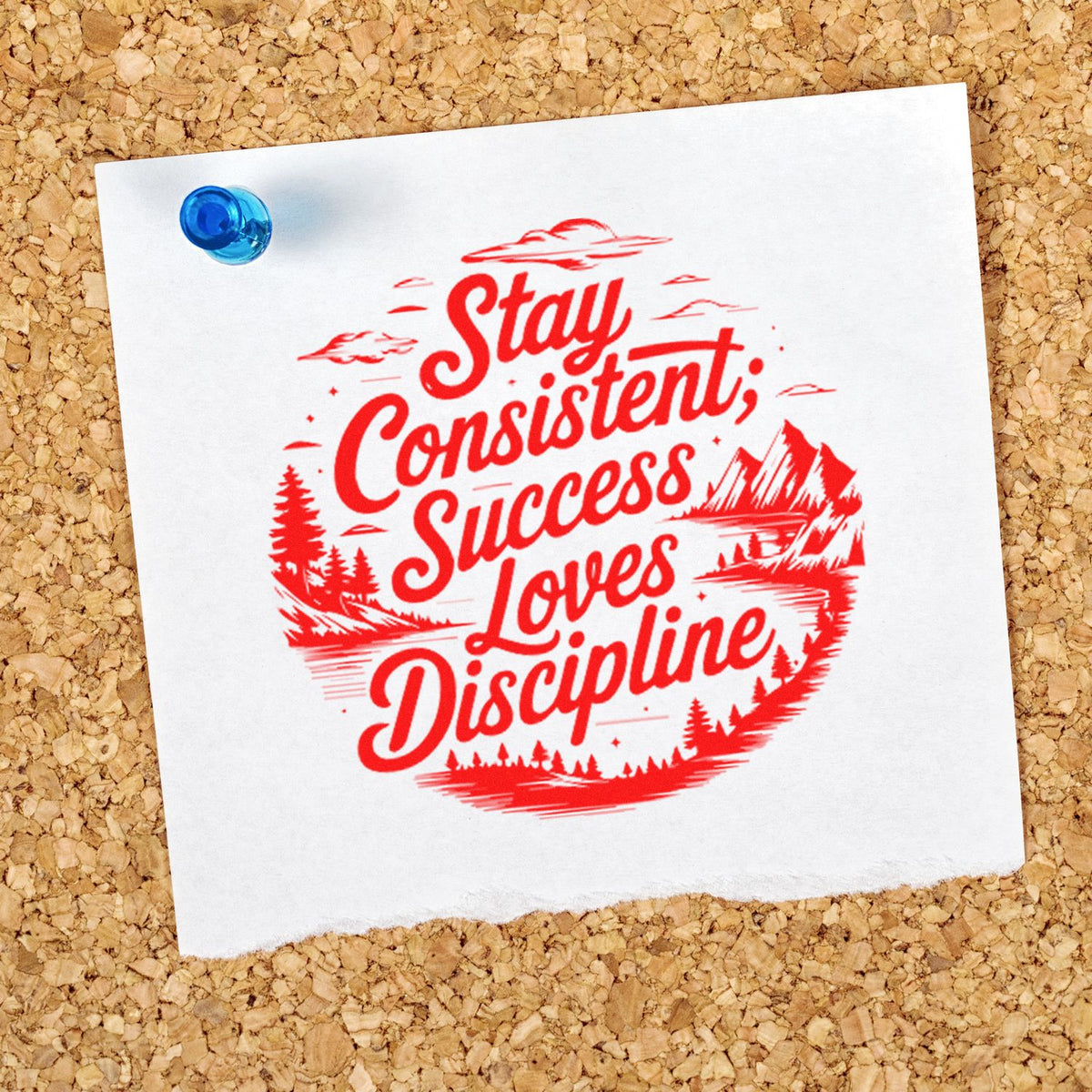 Custom rubber stamp with motivational quote Stay Consistent; Success Loves Discipline in red on pinned paper.