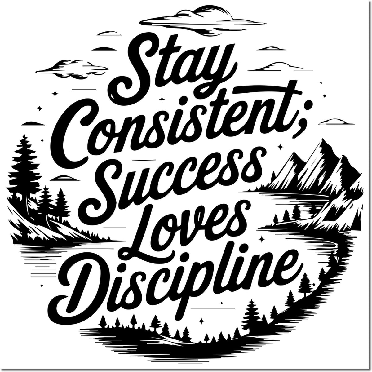 Inspirational rubber stamp design with Stay Consistent, Success Loves Discipline and mountain forest accents.