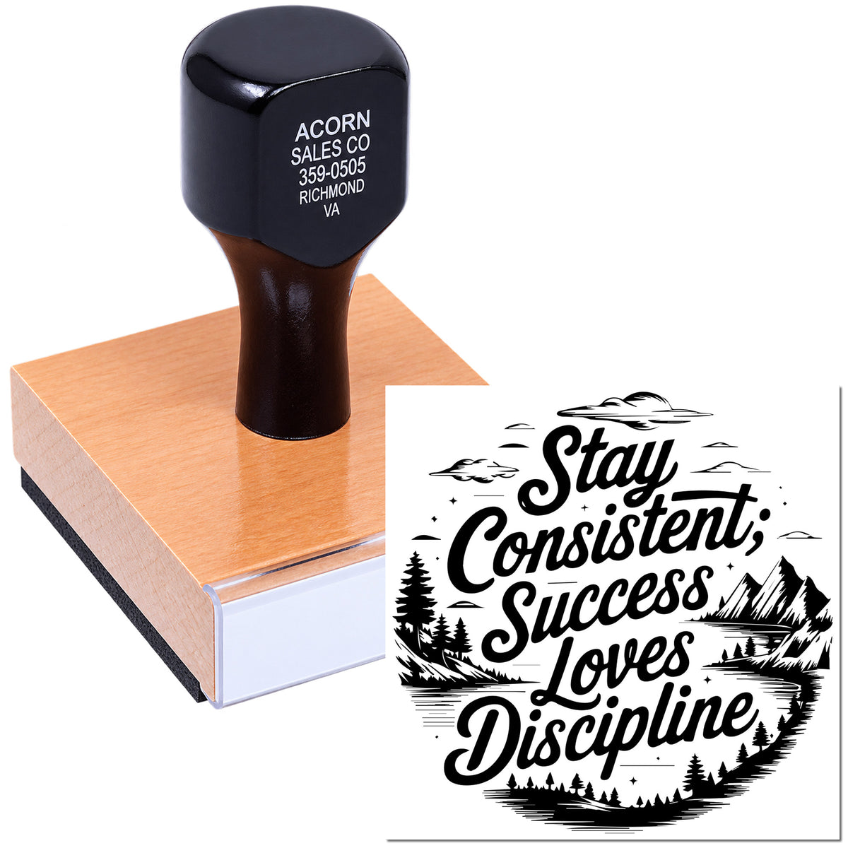 Custom rubber stamp with Stay Consistent; Success Loves Discipline design for business branding, crafts, and motivation.