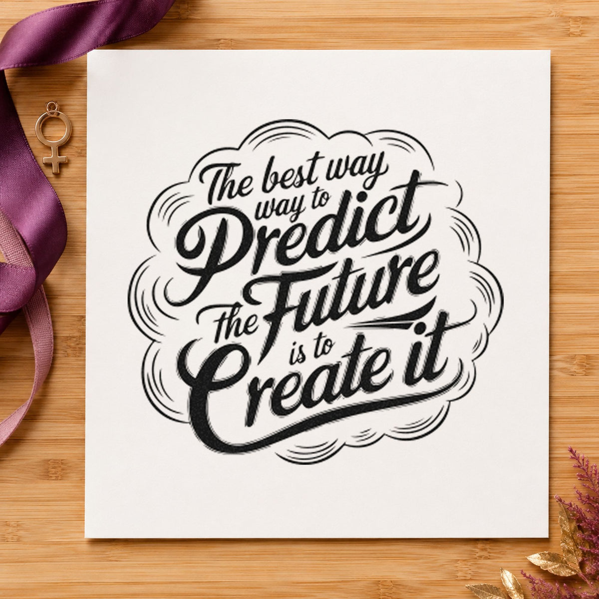 Predict Future Create It craft stamp in black ink on cardstock, an easy option for paper year album page.