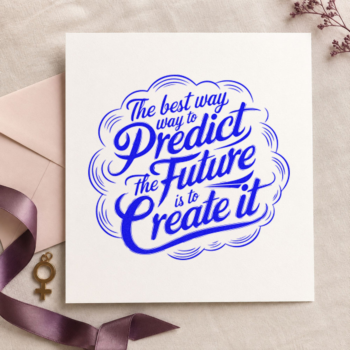 Predict Future Create It craft stamp in blue ink on cardstock, an easy option for tote flap printing.