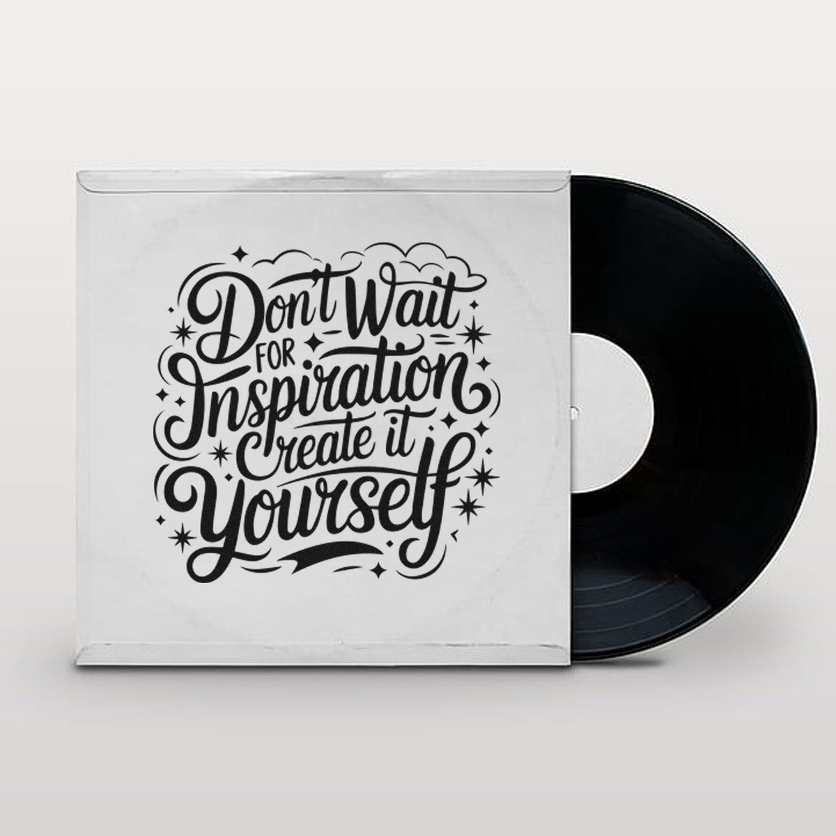 Custom rubber stamp design with motivational quote Dont Wait for Inspiration, Create It Yourself in vinyl-style sleeve packaging.