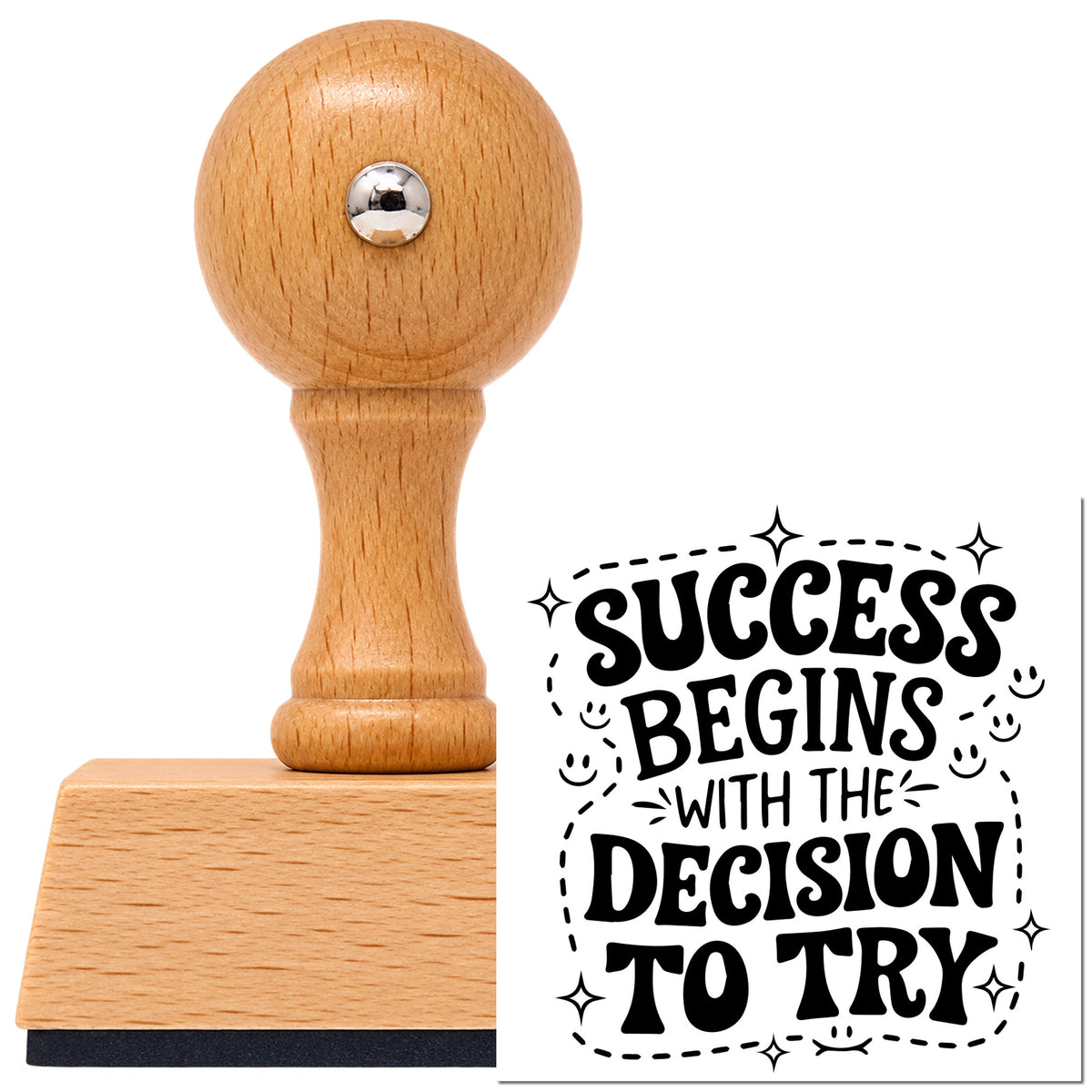 Success Begins With The Decision To Try Vintage Pro rubber stamp in European beech wood with a round knob handle, shown beside its black imprint.