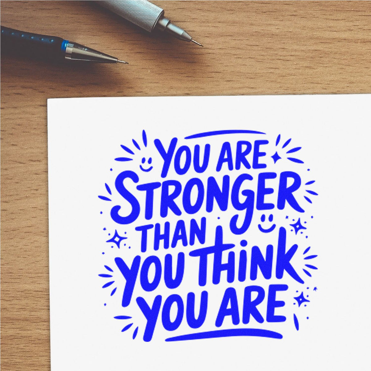 Blue motivational rubber stamp reading You are stronger than you think you are on white paper with pens on a desk.