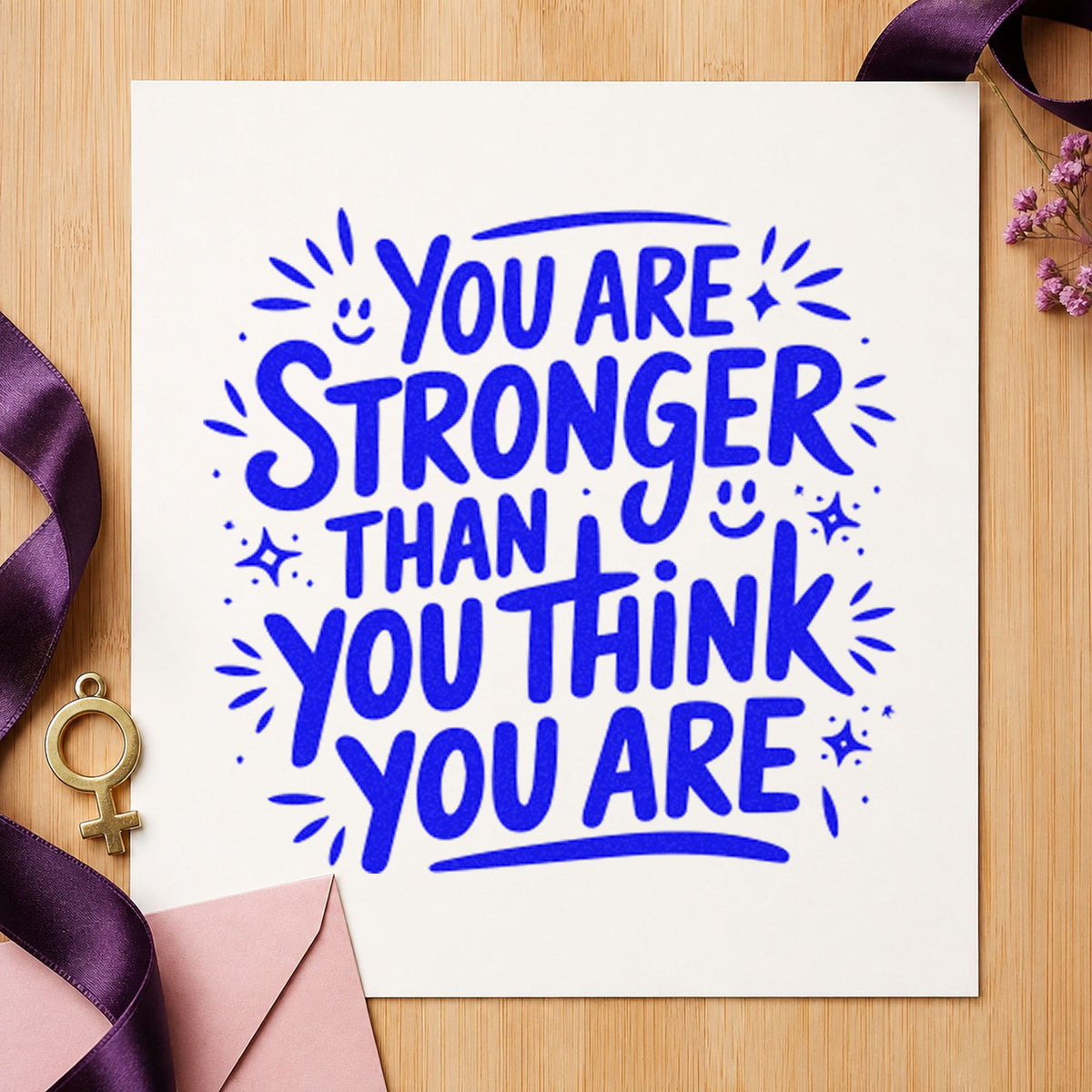 Stronger Than You Think craft stamp in blue ink on cardstock, an easy option for work glove printing.