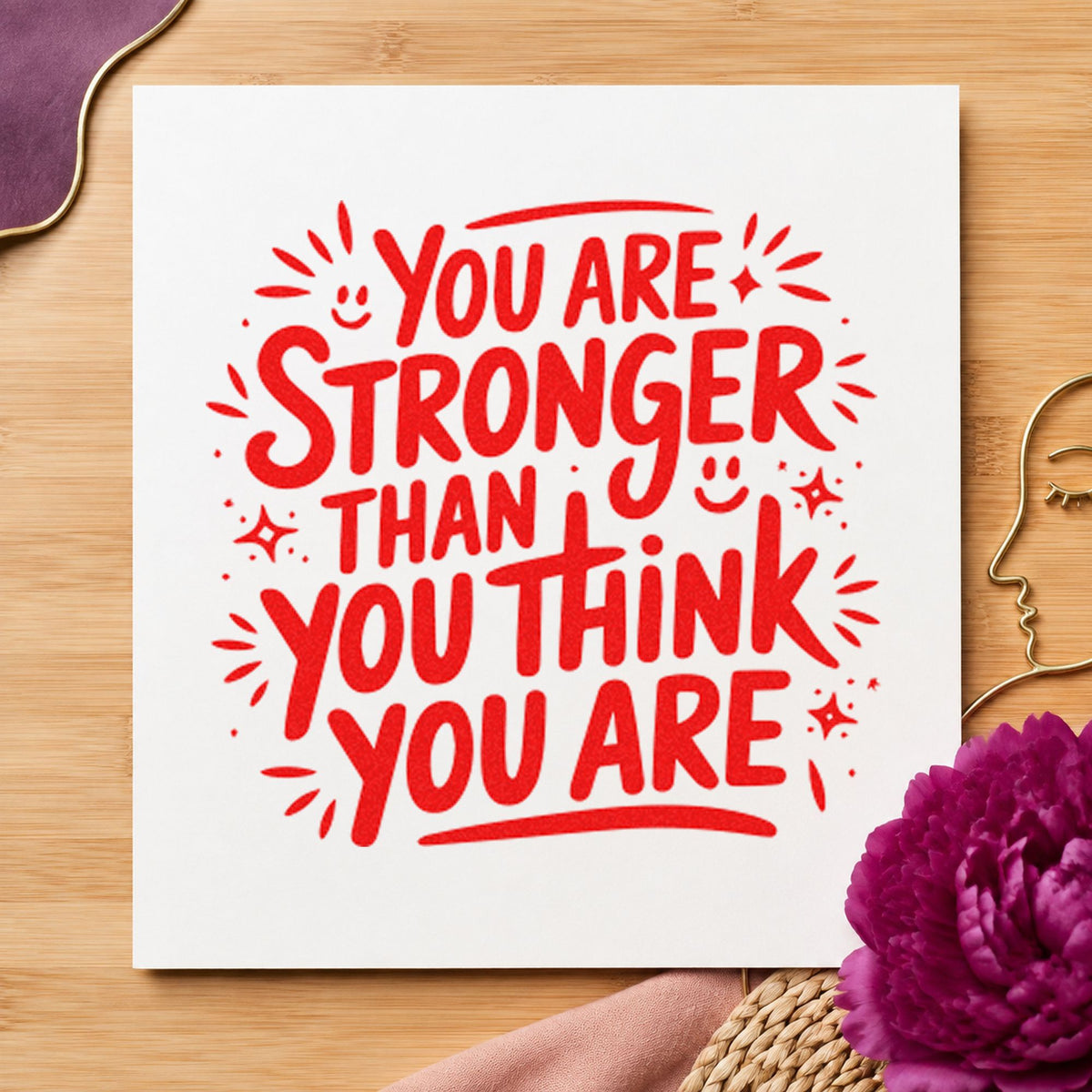 Stronger Than You Think rubber stamp shown in red ink, stamped for projects such as stack season labels.