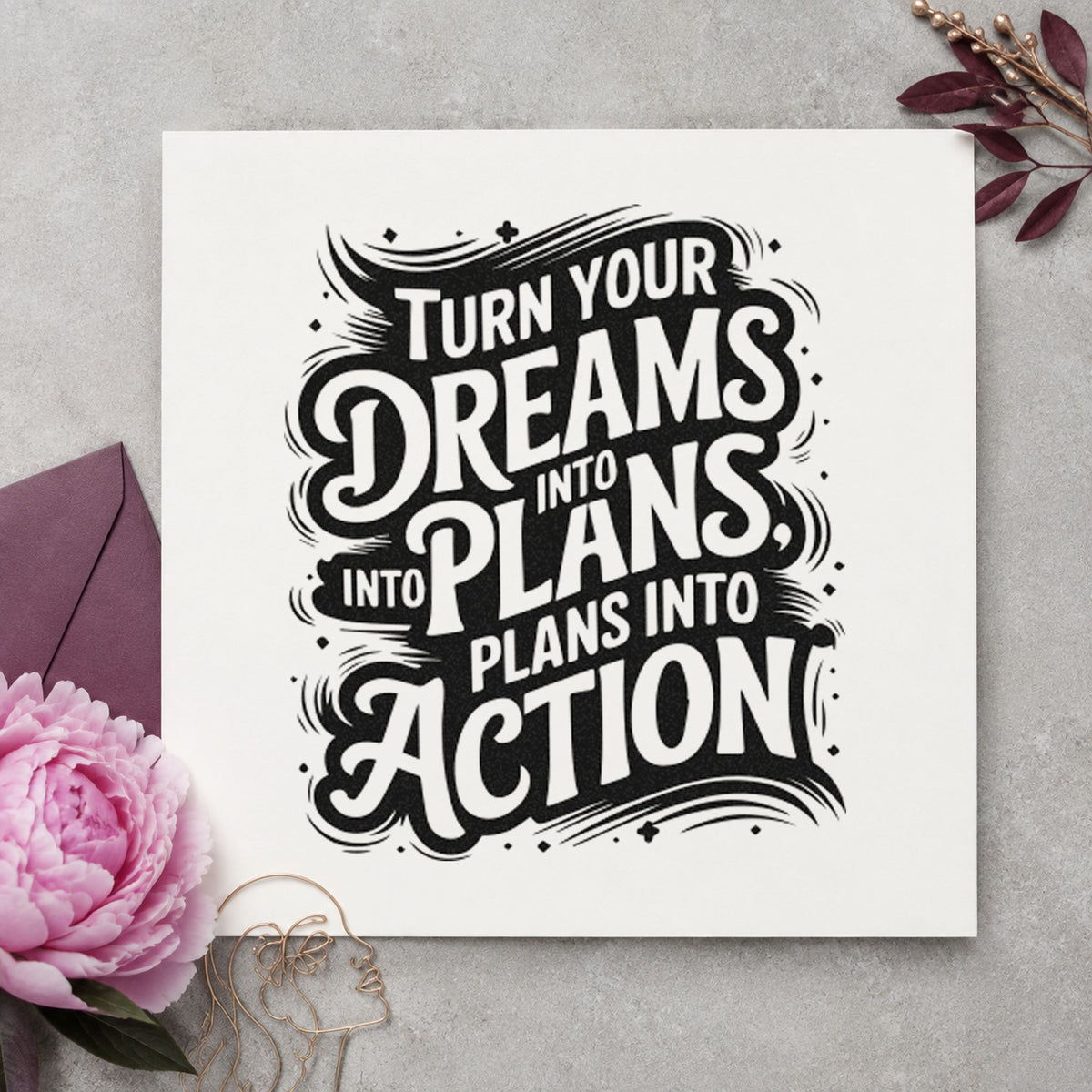 Dreams Plans Action Lettering craft stamp in black ink on cardstock, an easy option for trip plan album page.