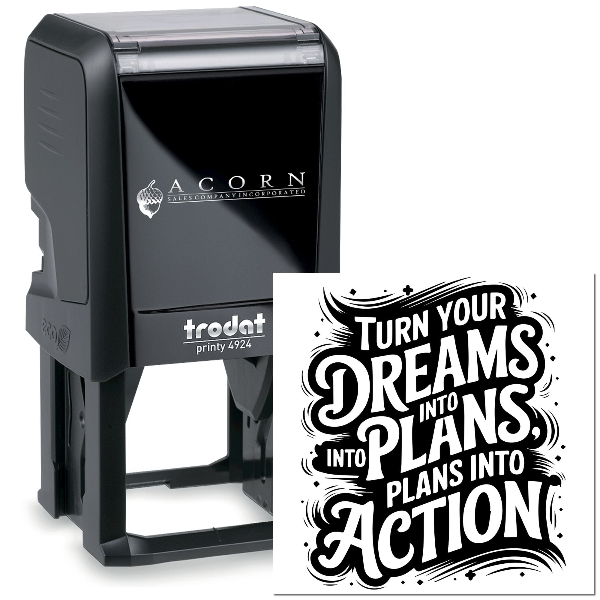 Trodat Printy 4924 custom self-inking rubber stamp with logo and motivational message for business branding.