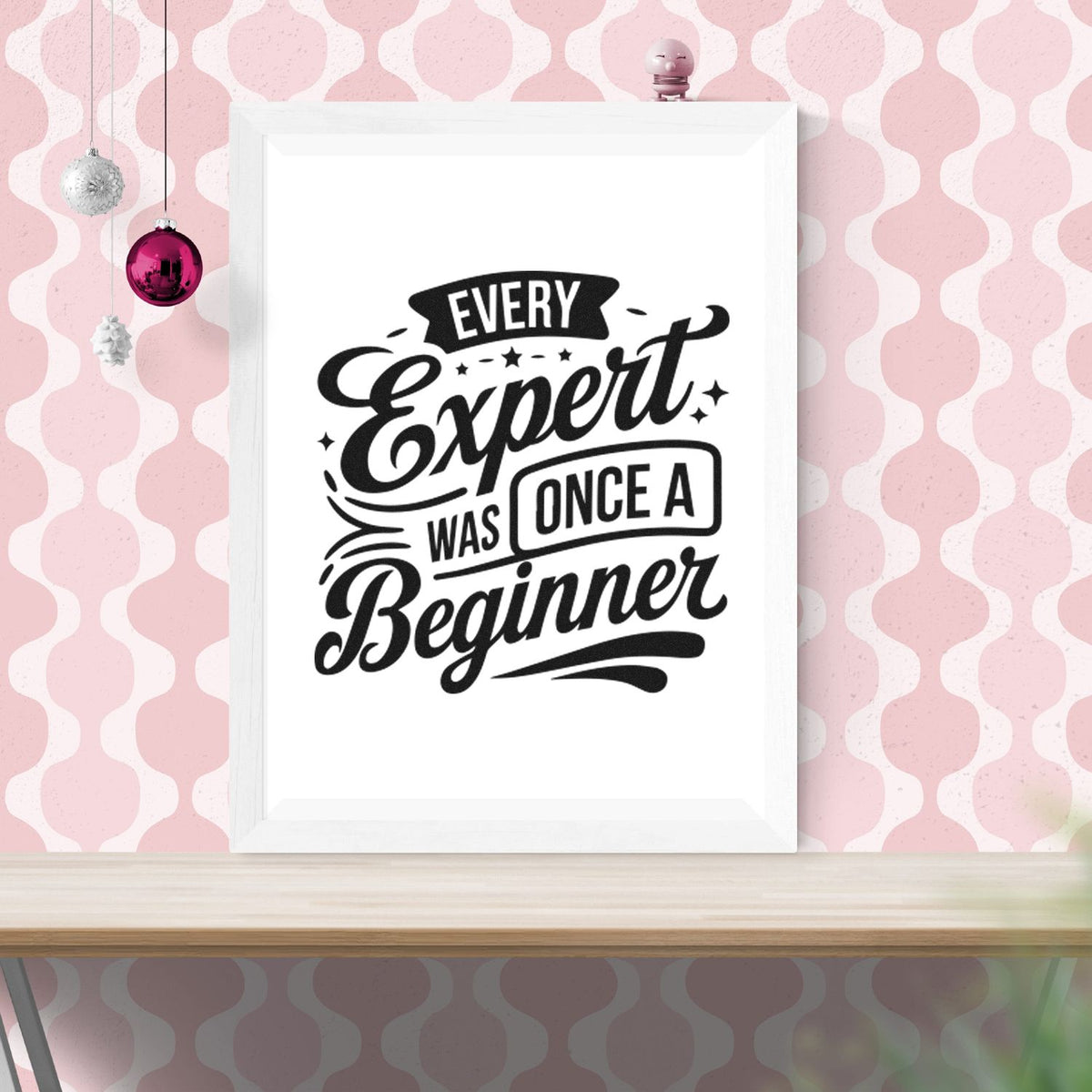 Inspirational rubber stamp design with quote Every expert was once a beginner in bold black lettering mockup.