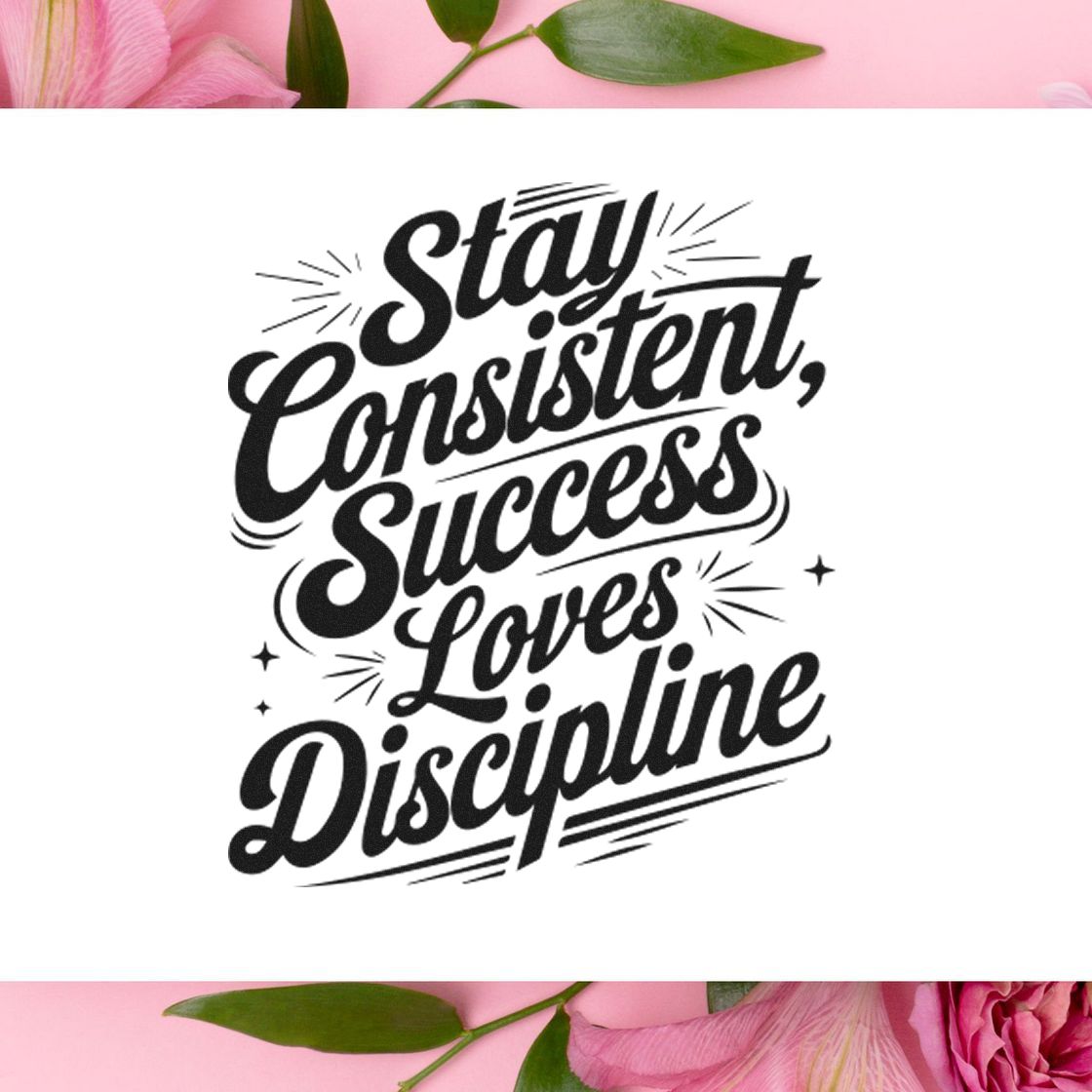 Motivational rubber stamp design with quote, Stay Consistent, Success Loves Discipline for business and planner use.