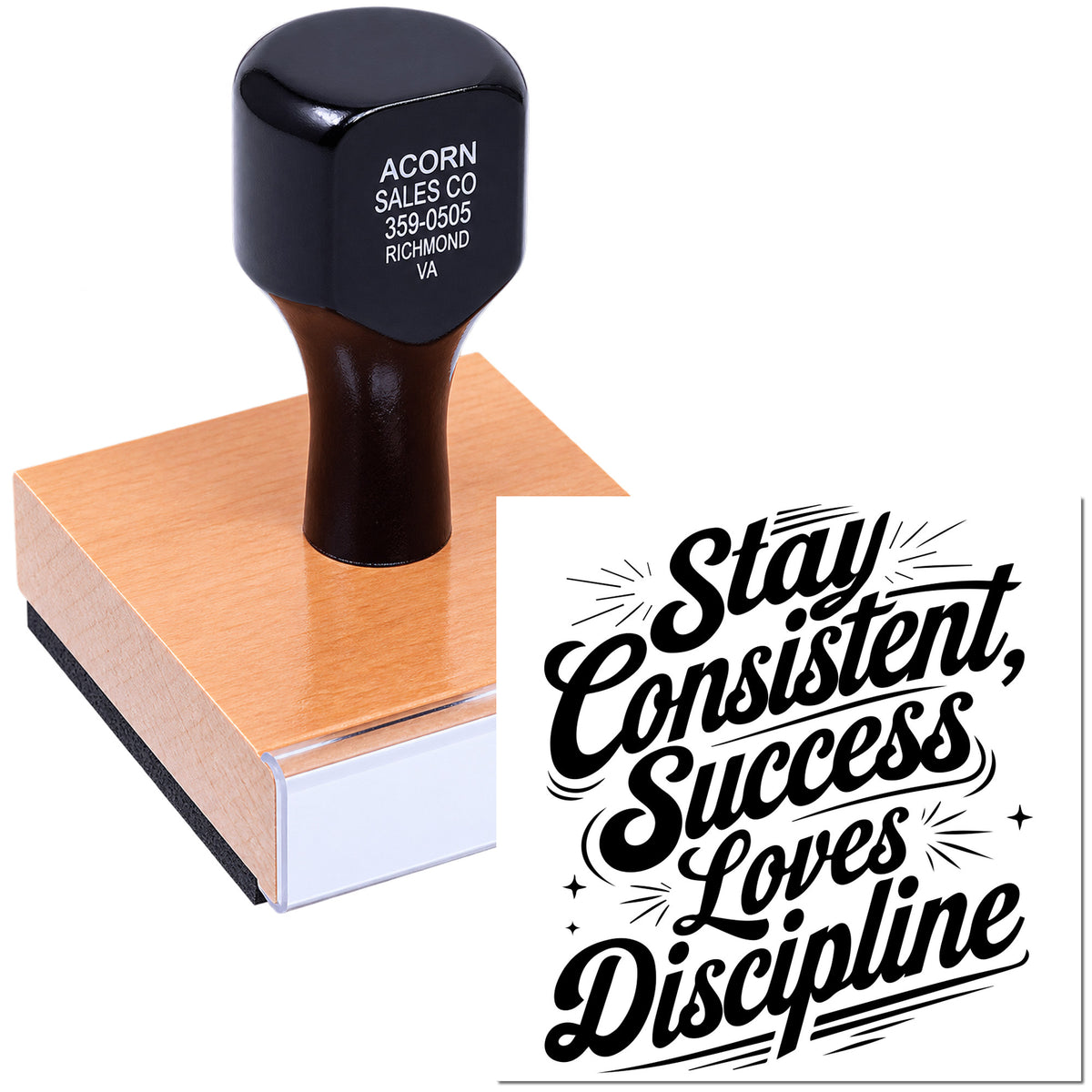 Motivational custom rubber stamp with Stay consistent, success loves discipline for branding, crafts, and packaging.