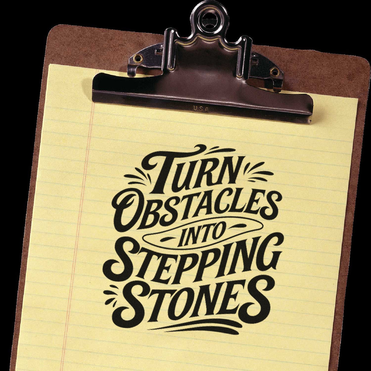 Inspirational rubber stamp imprint with quote, Turn Obstacles into Stepping Stones, on a clipboard.