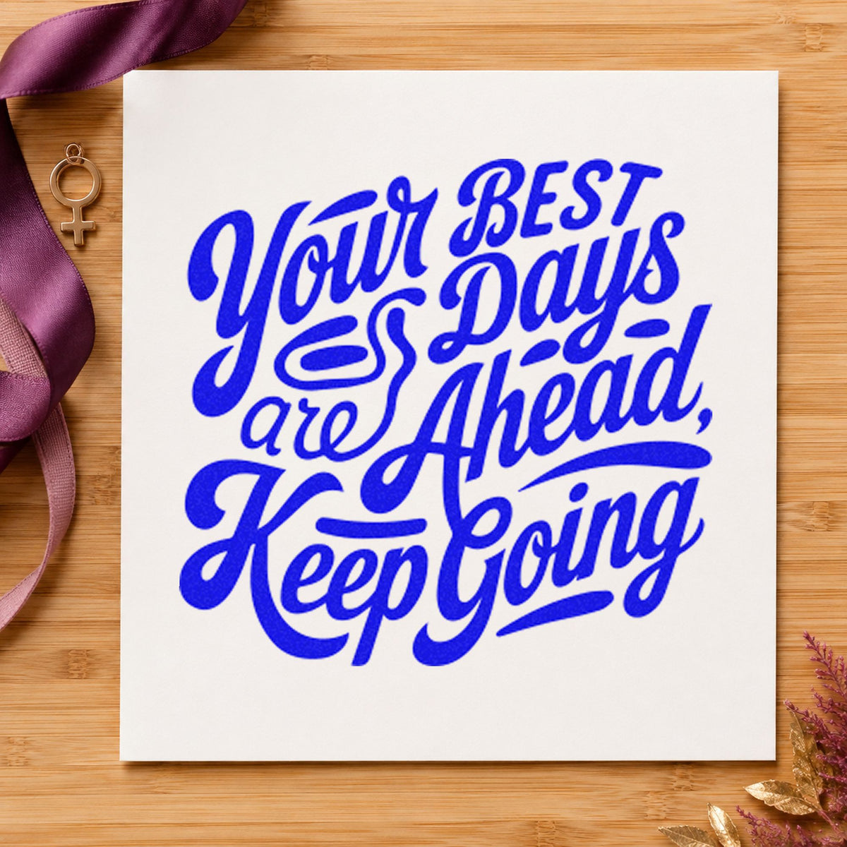 Best Days Keep Going craft stamp imprinted in blue ink on paper, a design suited to framed hall stairs.