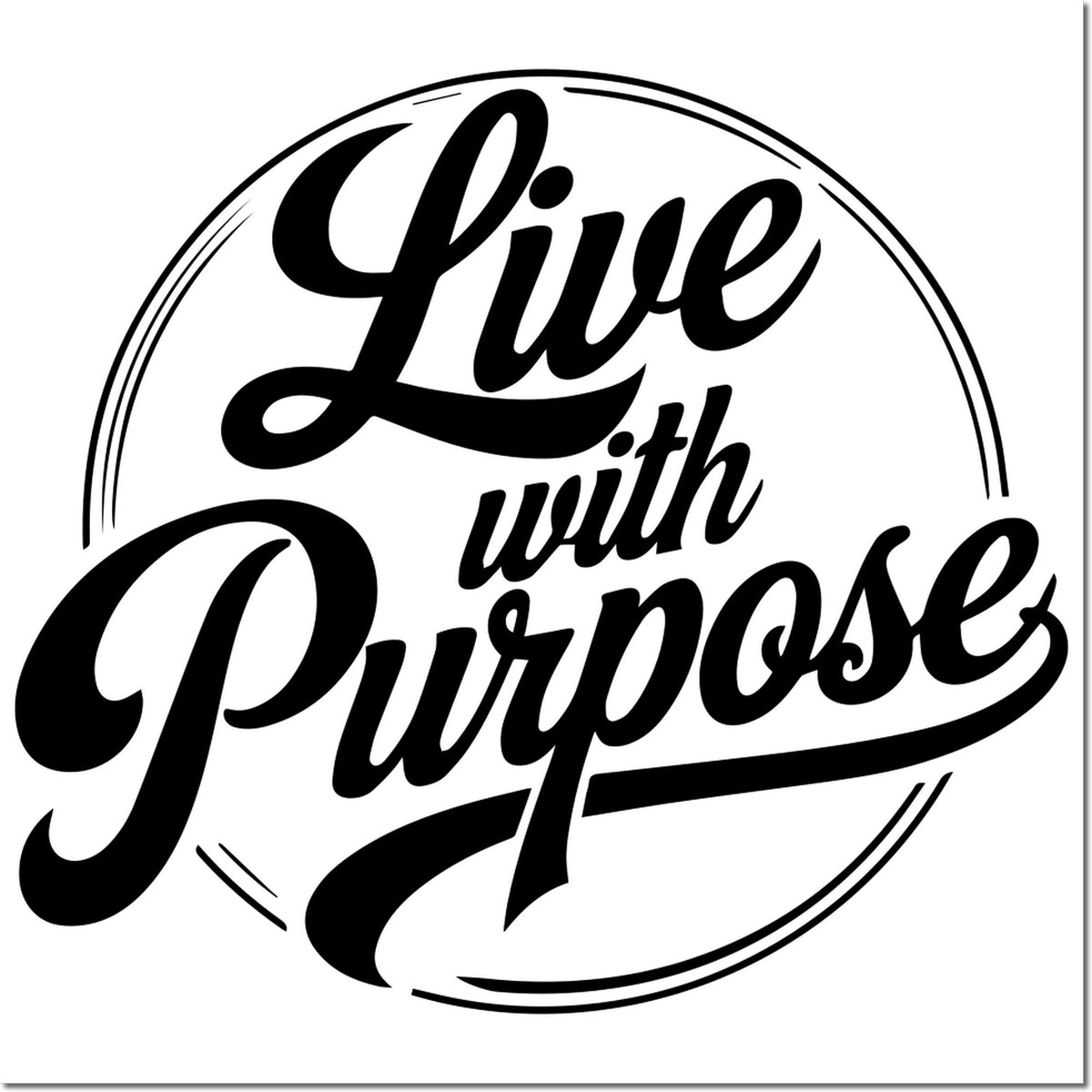 Live with Purpose rubber stamp design in bold script inside a circular frame, ideal for custom inspirational stamping.