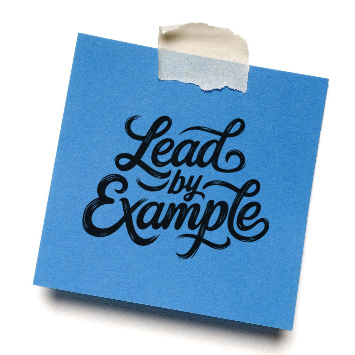 Lead by Example rubber stamp impression on blue sticky note, ideal for motivational office stationery.