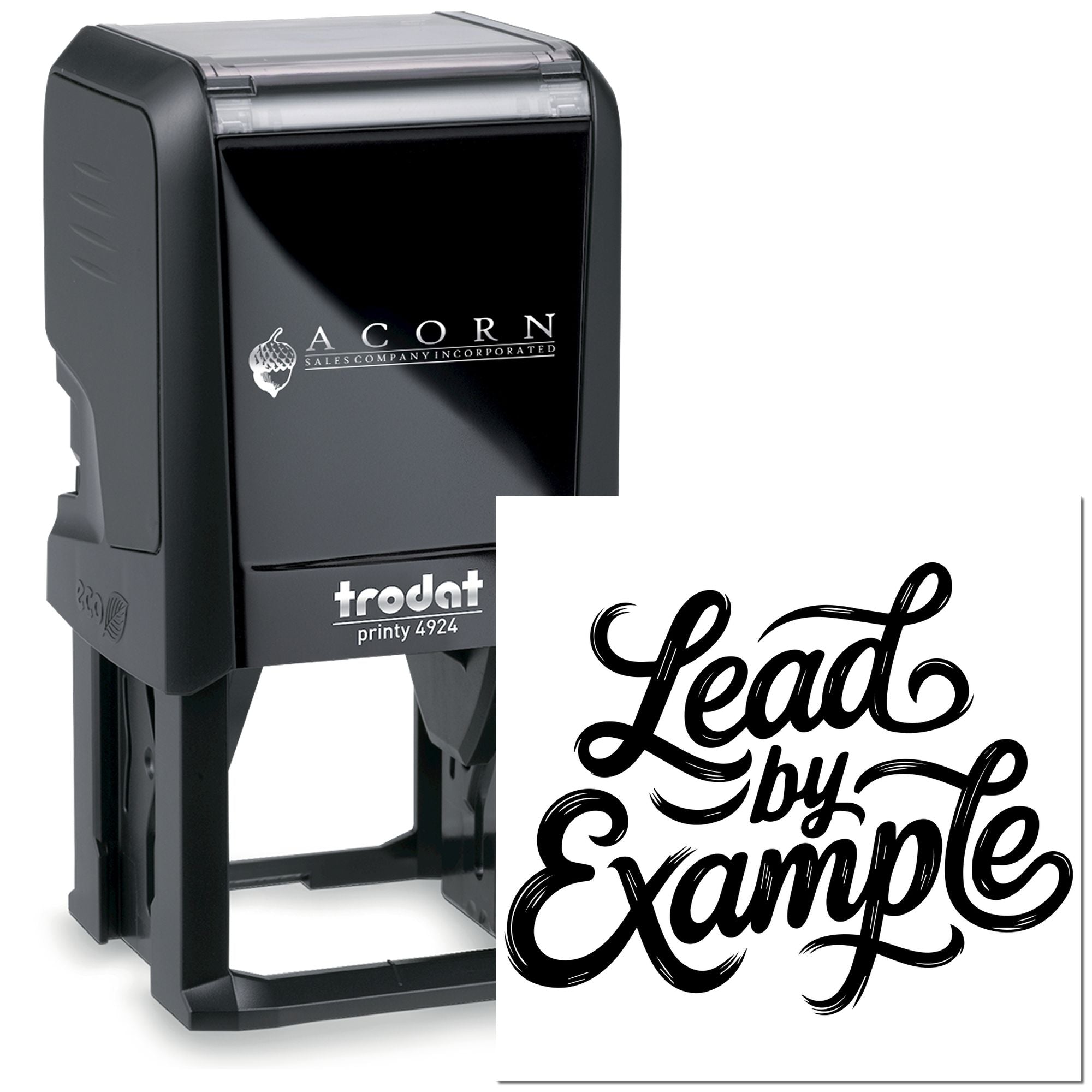 Custom Trodat Printy 4924 self-inking rubber stamp with Lead by Example design for business branding and office use