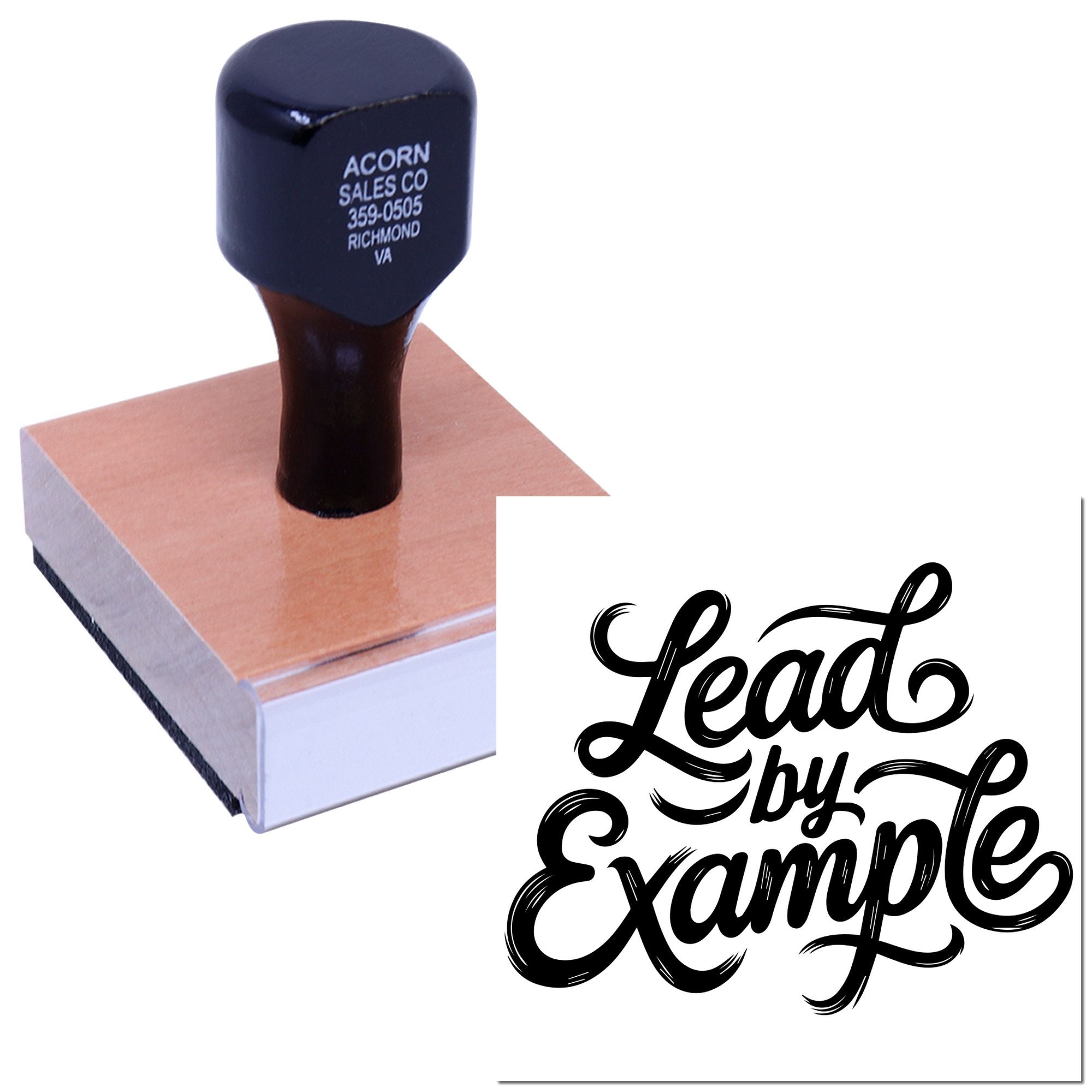 Custom rubber stamp with Lead by Example script for business branding, crafts, and inspirational messages.
