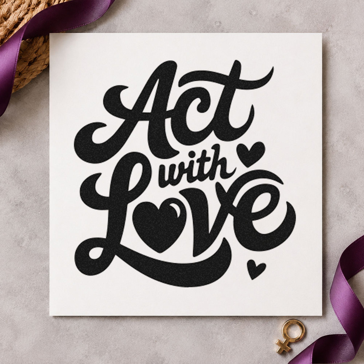 Act With Love Hearts craft stamp in black ink on cardstock, an easy option for meal train album page.