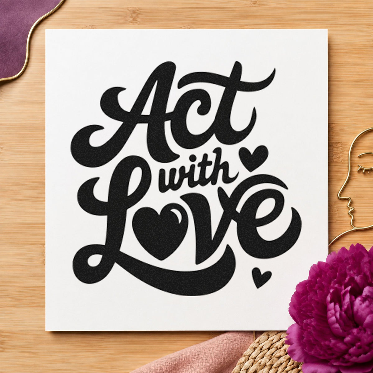 Act With Love Hearts craft stamp imprint in black ink on a handmade project, one idea being dish return tags.