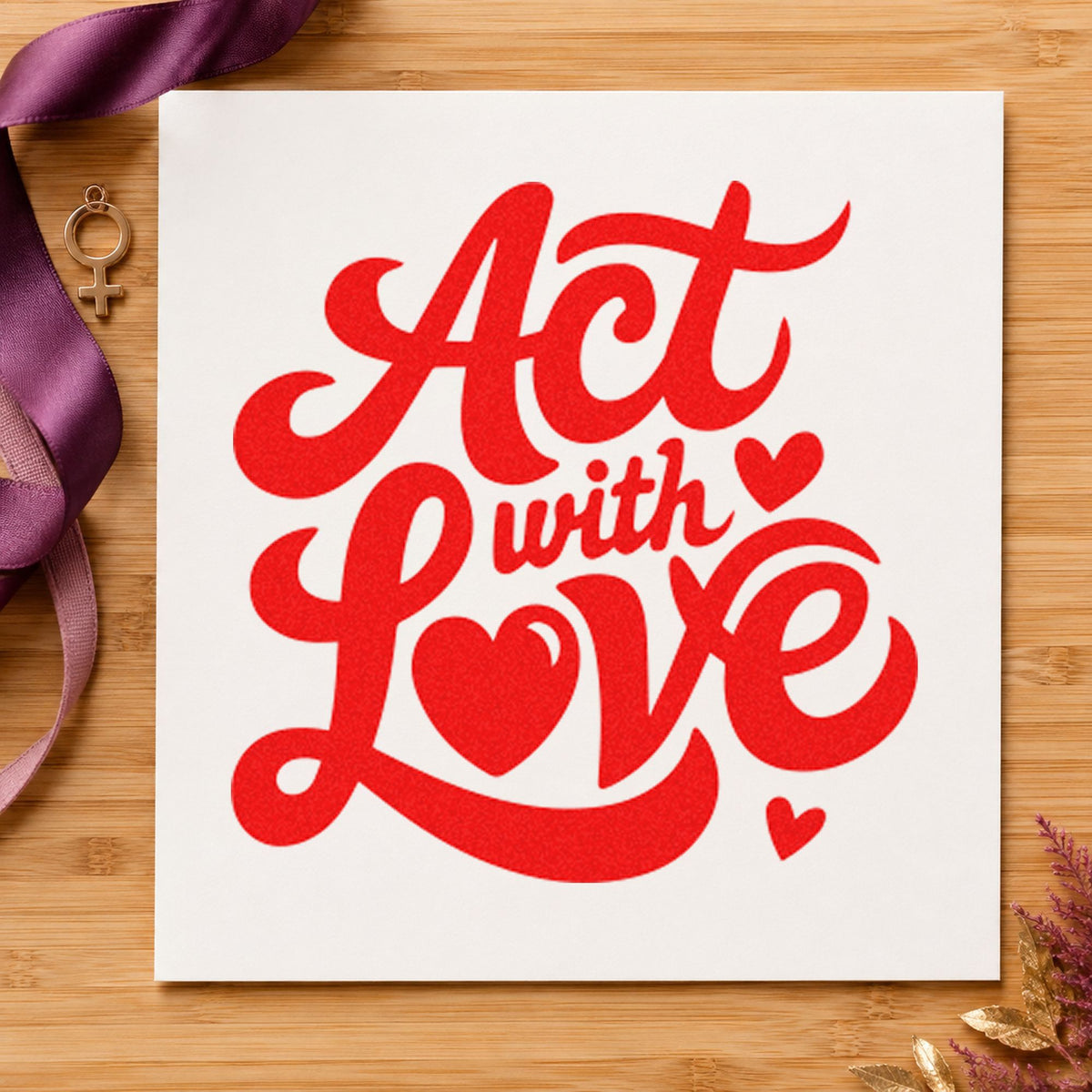 Act With Love Hearts rubber stamp shown in red ink, stamped for projects such as bin container labels.