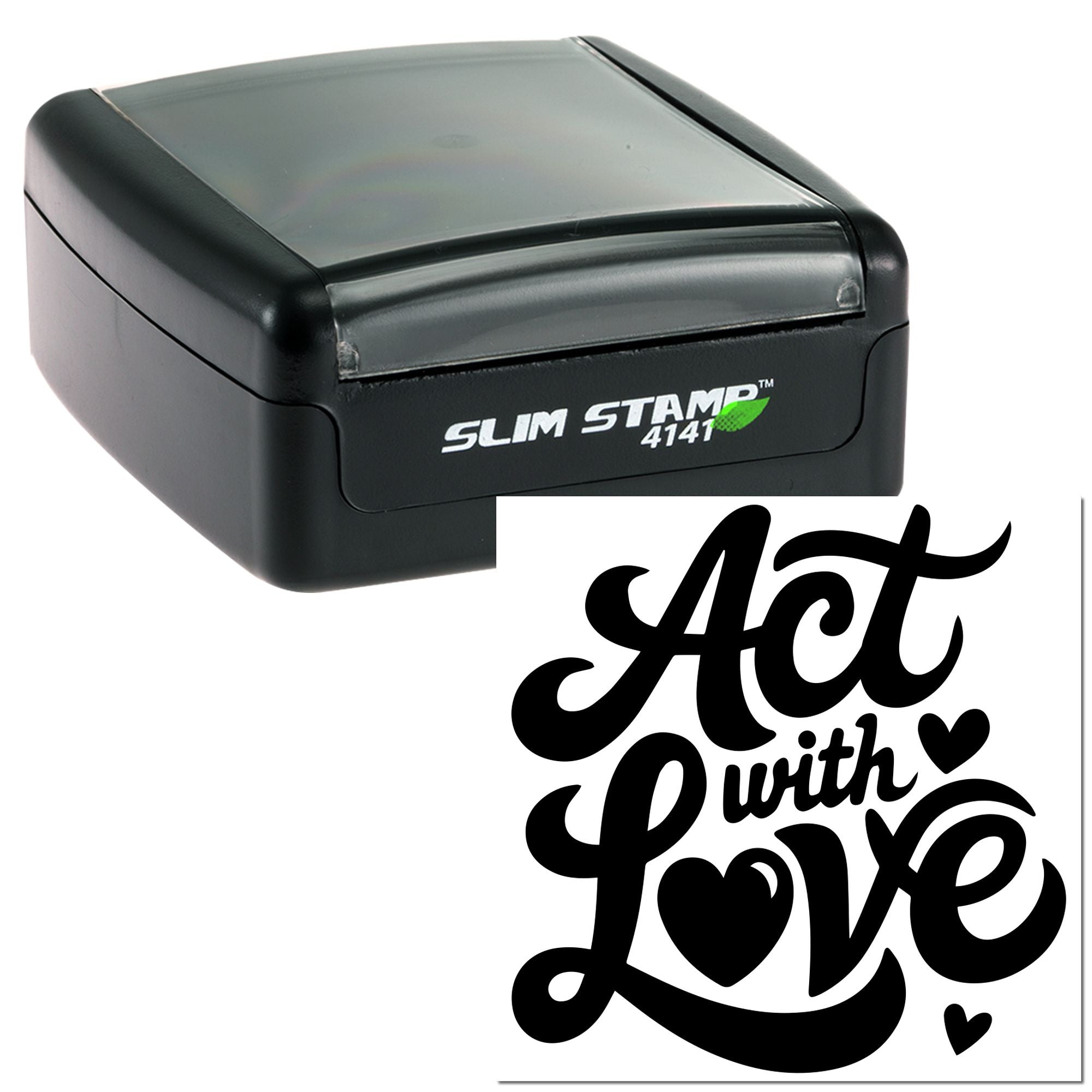 Self-inking Slim Stamp 4141 rubber stamp with Act with Love design and hearts for custom craft packaging.