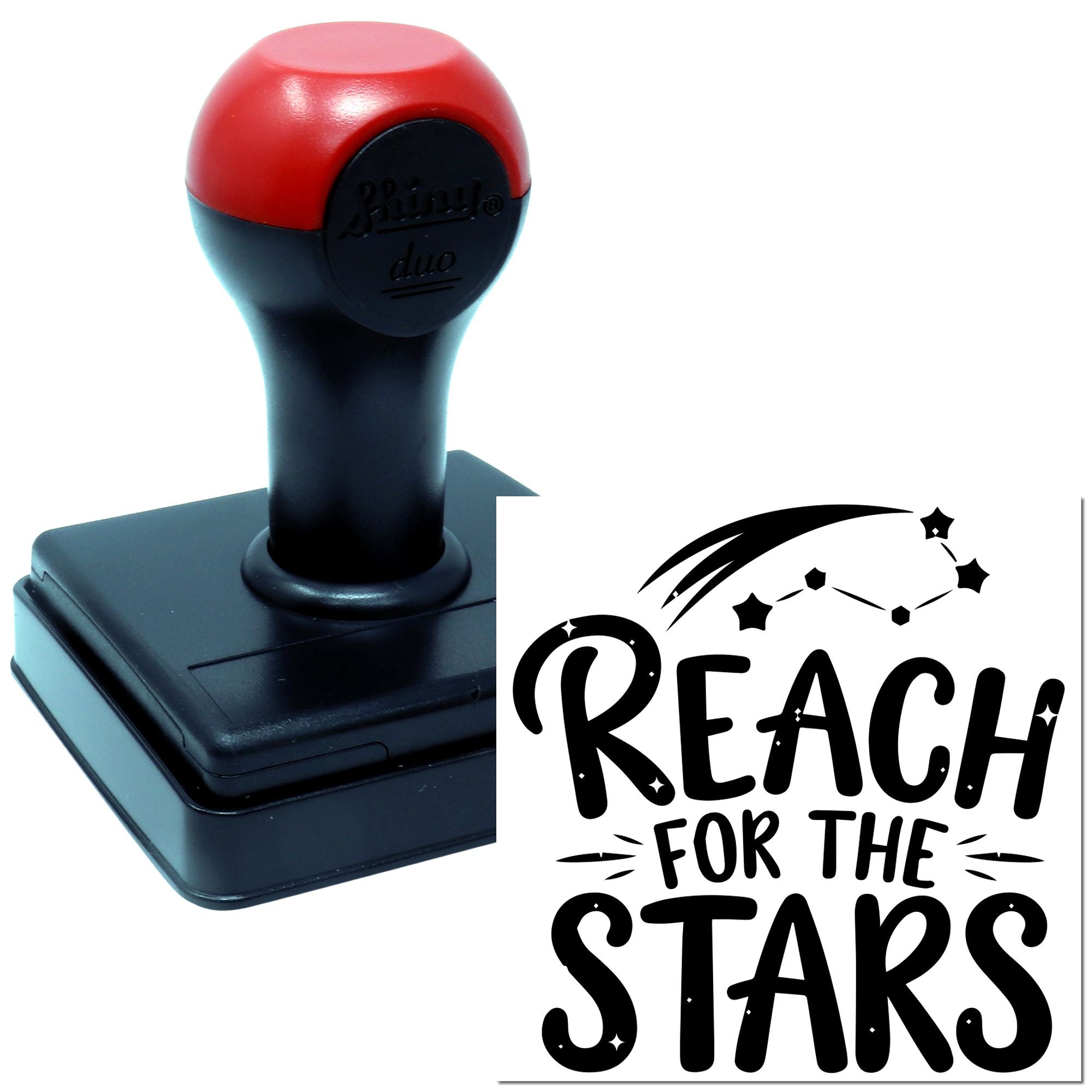 Custom self-inking rubber stamp with Reach for the Stars inspirational design and star trail graphic