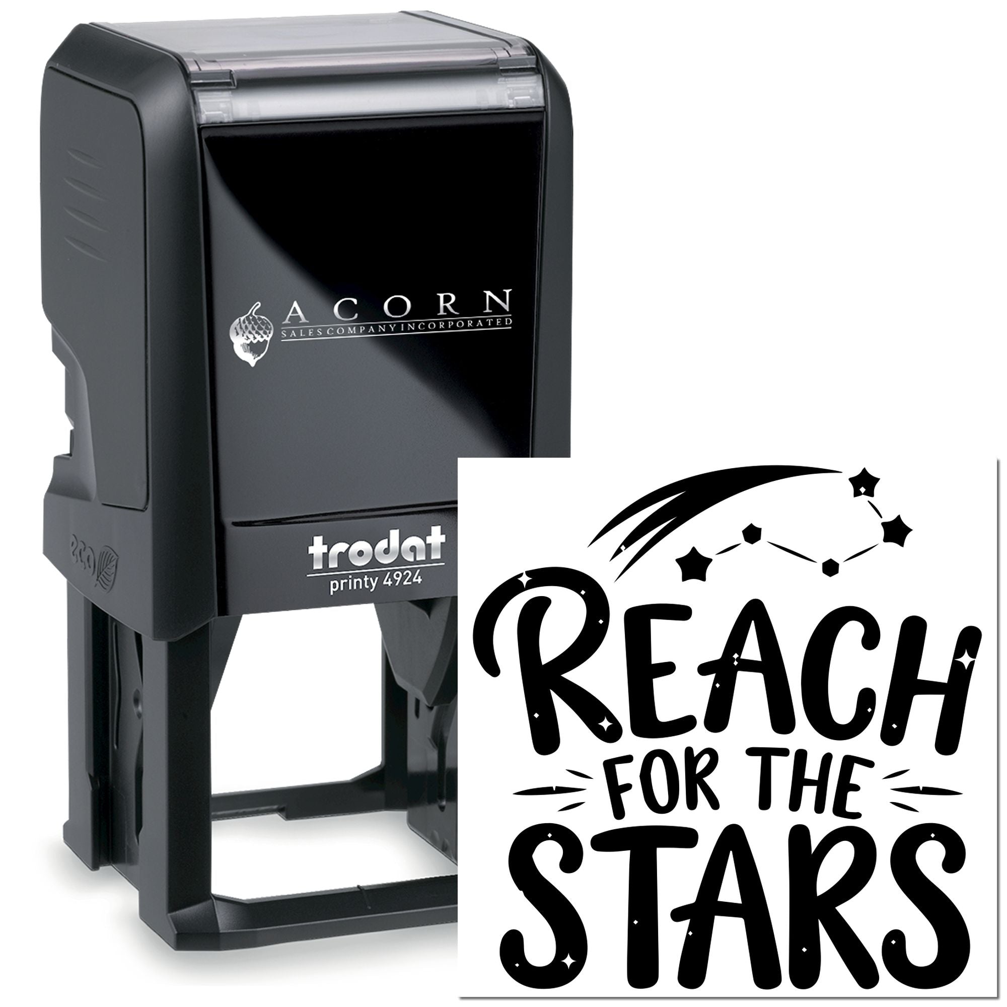 Custom self-inking rubber stamp, Trodat Printy 4924, with Reach for the Stars design for business or personal use.