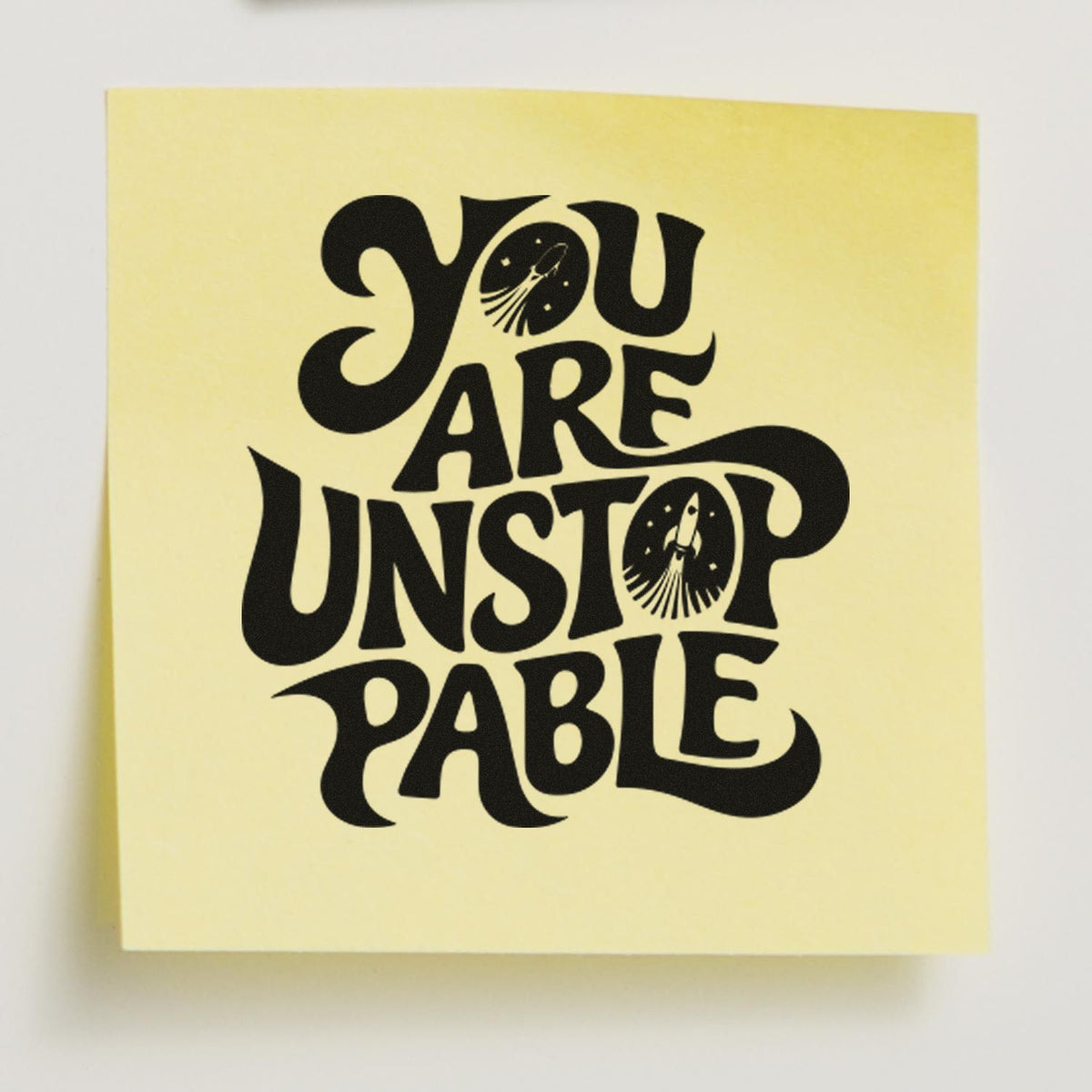 Motivational rubber stamp design reading You Are Unstoppable with rocket accents for cards, crafts, and branding.