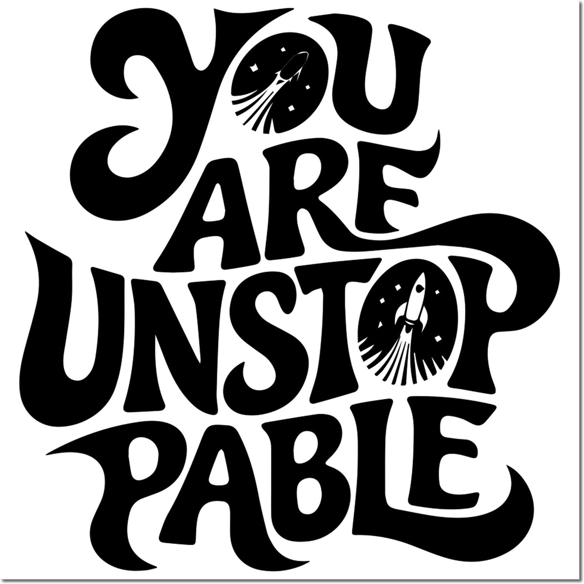 Inspirational rubber stamp design with bold You Are Unstoppable lettering and rocket icons for motivational projects.