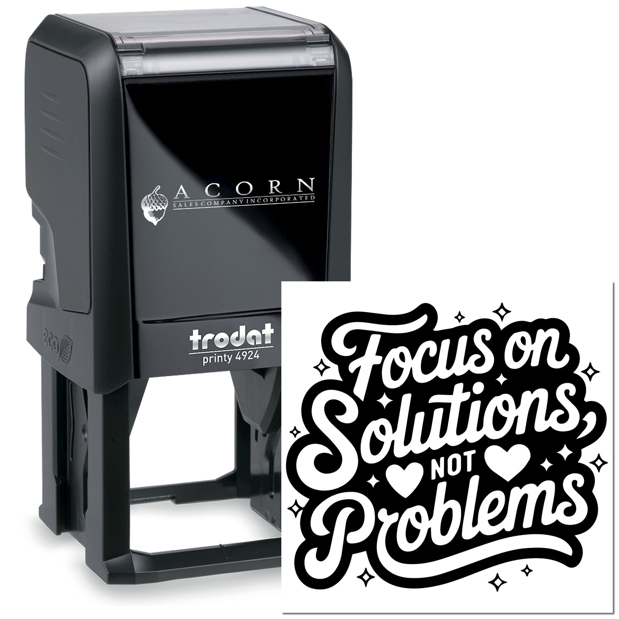 Custom self-inking rubber stamp with Focus on Solutions Not Problems design, Trodat Printy 4924 for branding.