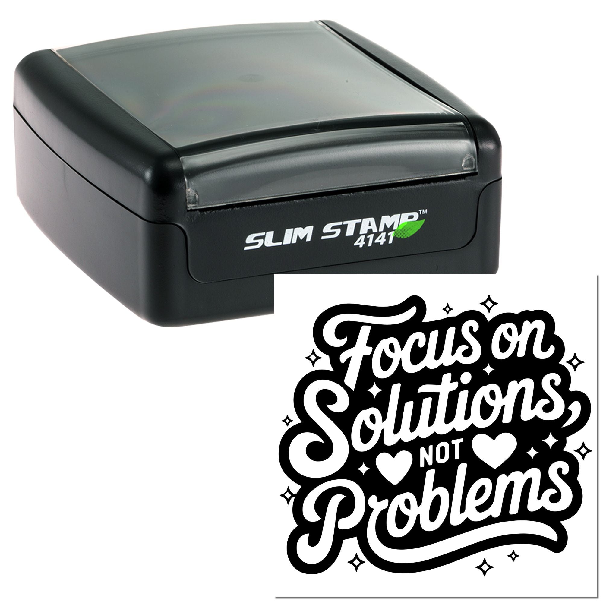 Self-inking rubber stamp with Focus on Solutions, Not Problems imprint for office motivation and branding.