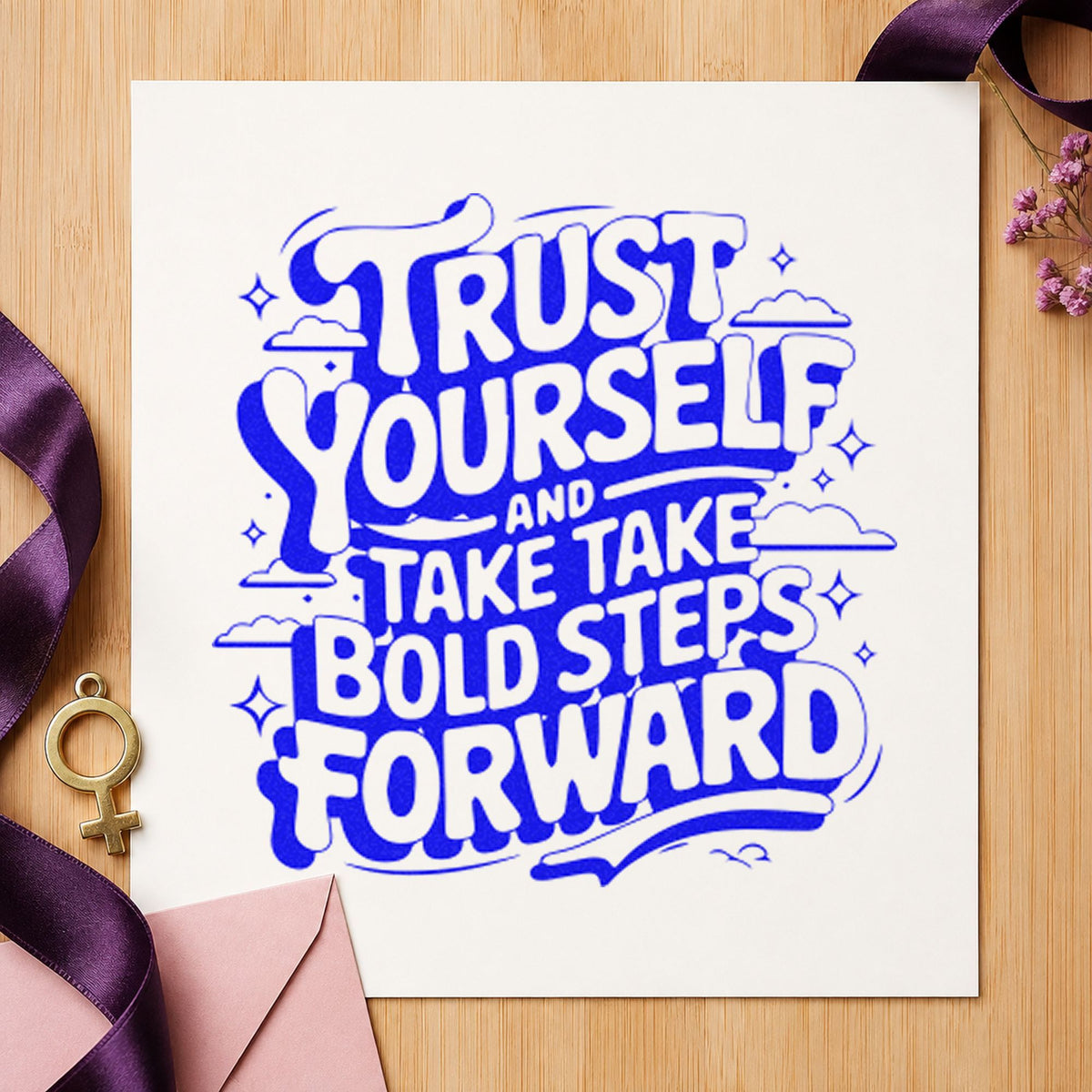 Trust Yourself Bold Steps craft stamp in blue ink on cardstock, an easy option for bike basket printing.