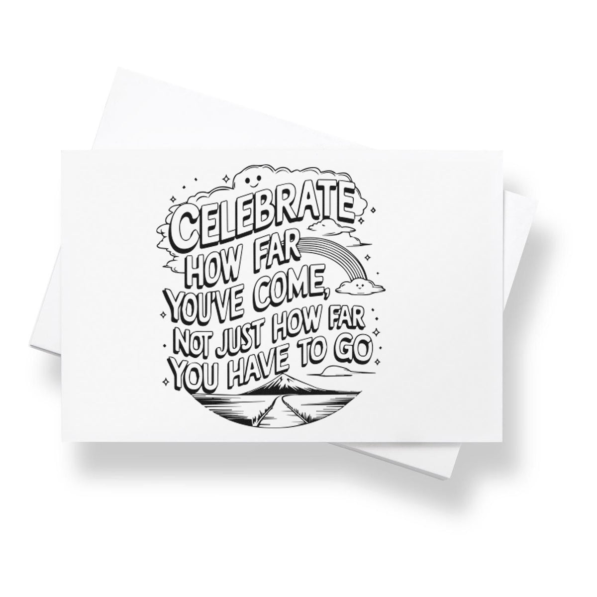 Motivational rubber stamp design with quote, Celebrate how far youve come, not just how far you have to go, with mountain and rainbow.