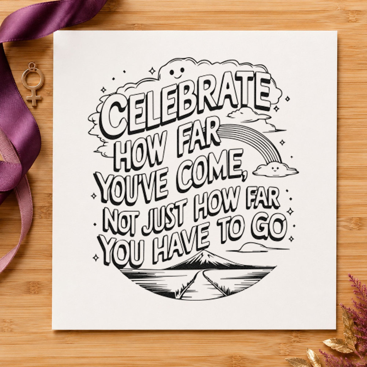Celebrate How Far Come craft stamp imprint in black ink on a handmade project, one idea being reader prize tags.